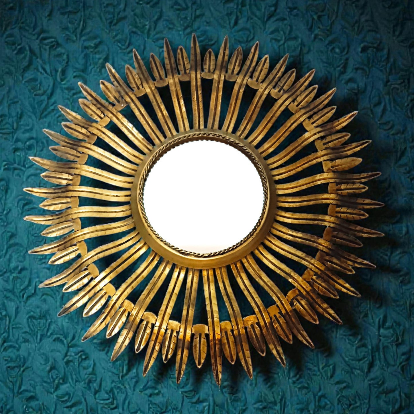 Vintage Sunburst Mirror in Gold-Toned Metal with Leaf-Tipped Rays