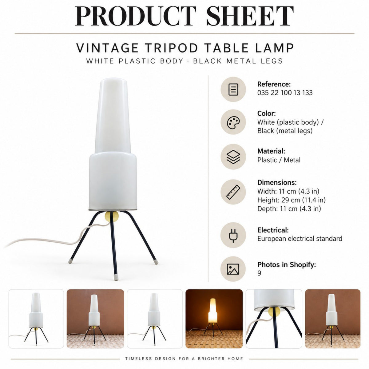 Product sheet of vintage tripod table lamp