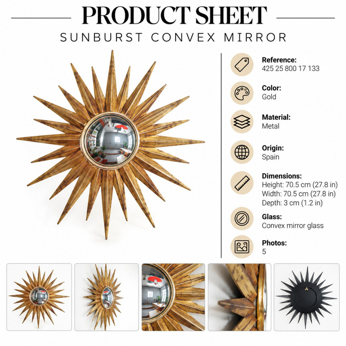 Miroir bombé Sunburst vintage en métal doré