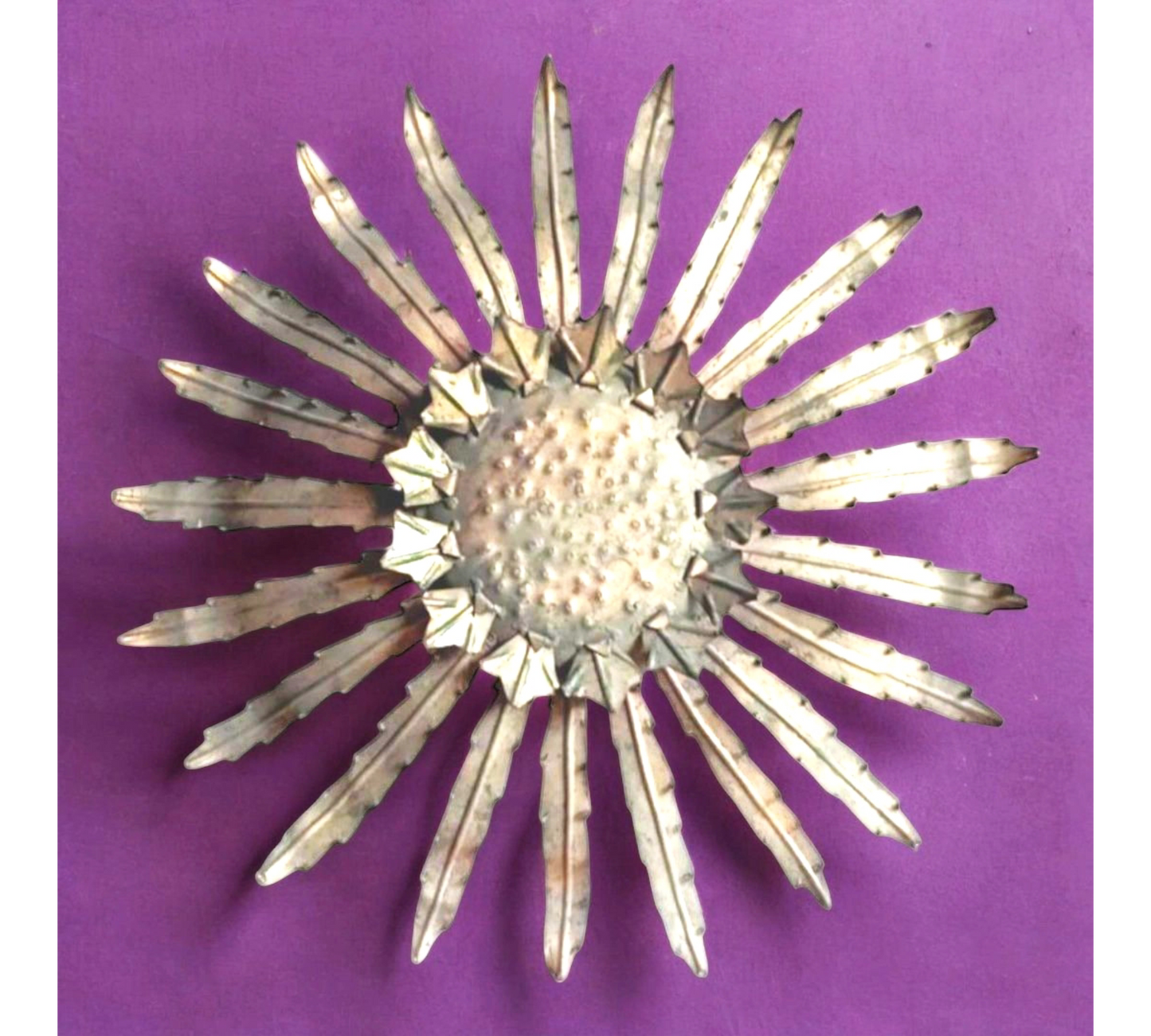 Vintage iron Sunburst lamp with radial metal rays, full view