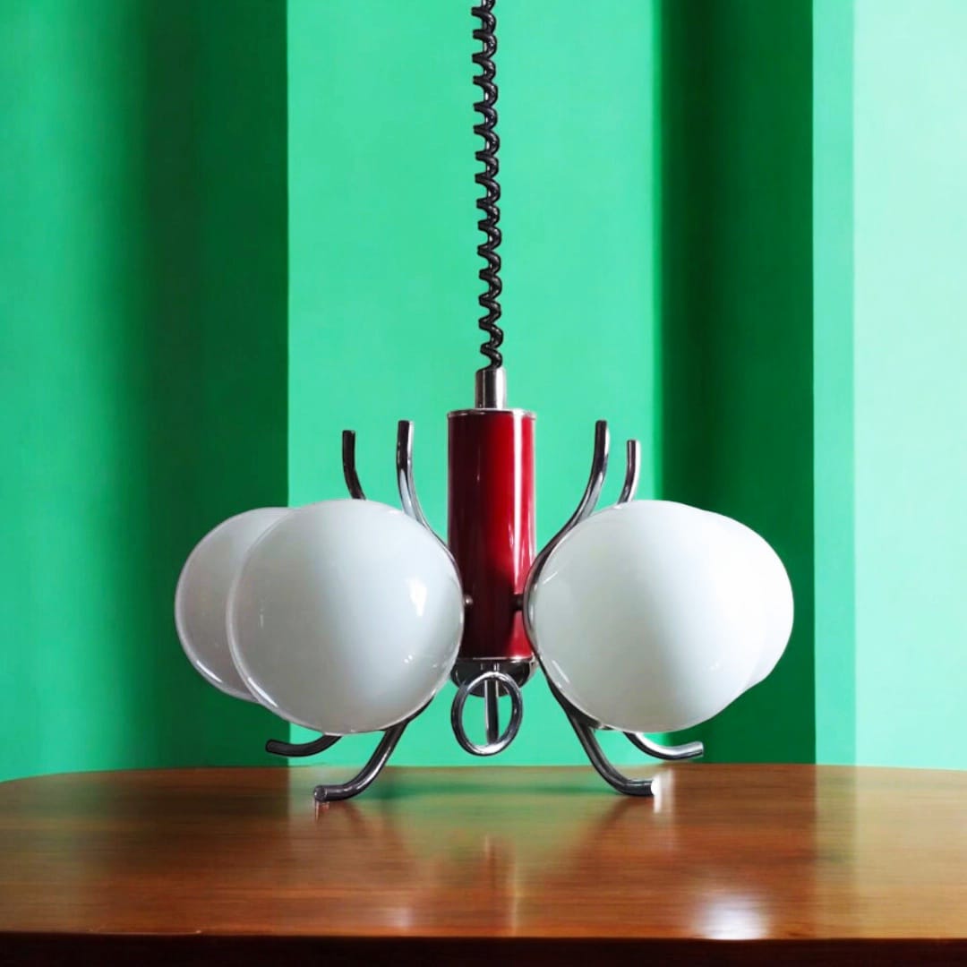 Mid-century pendant lamp with five opaline glass shades