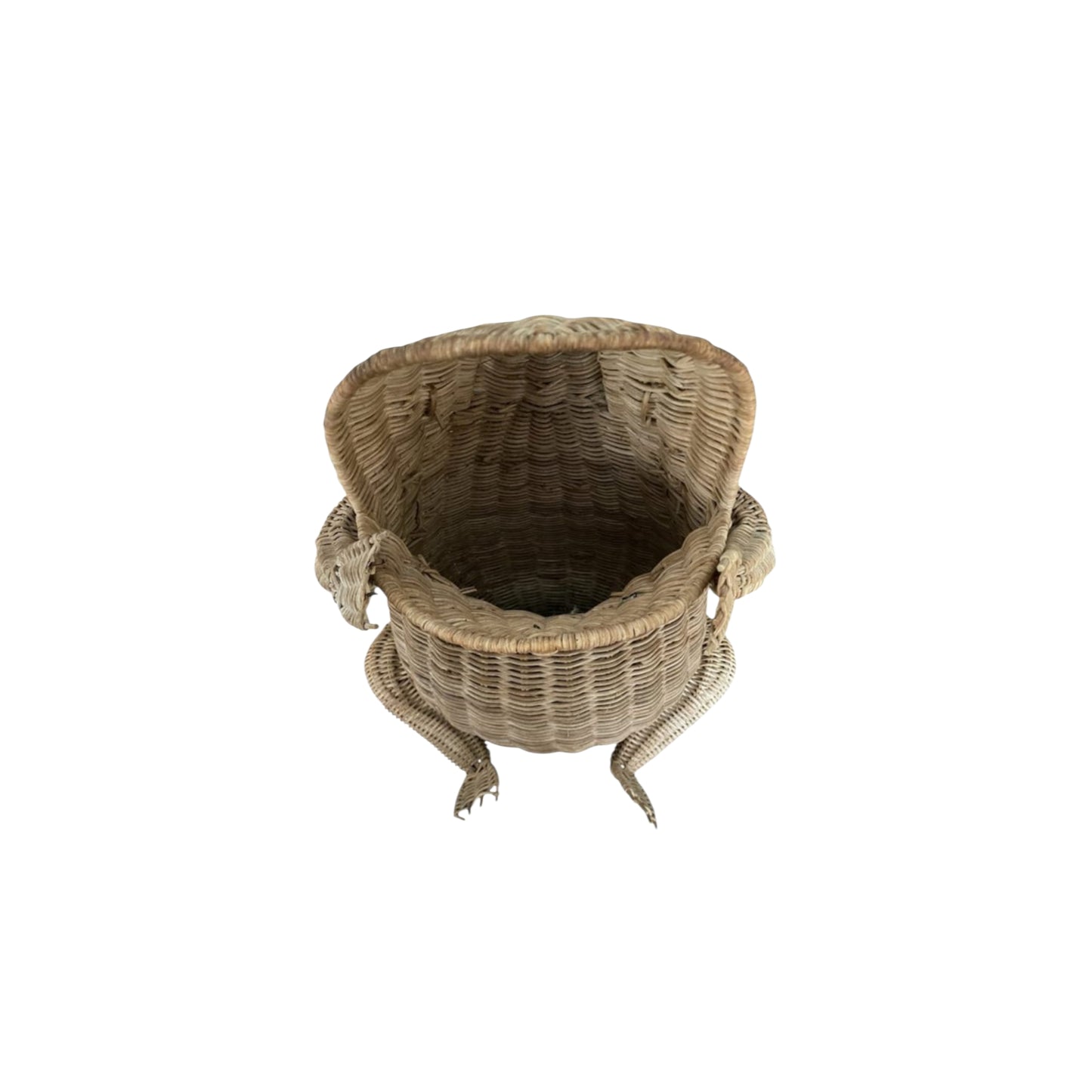 Interior of vintage wicker frog basket