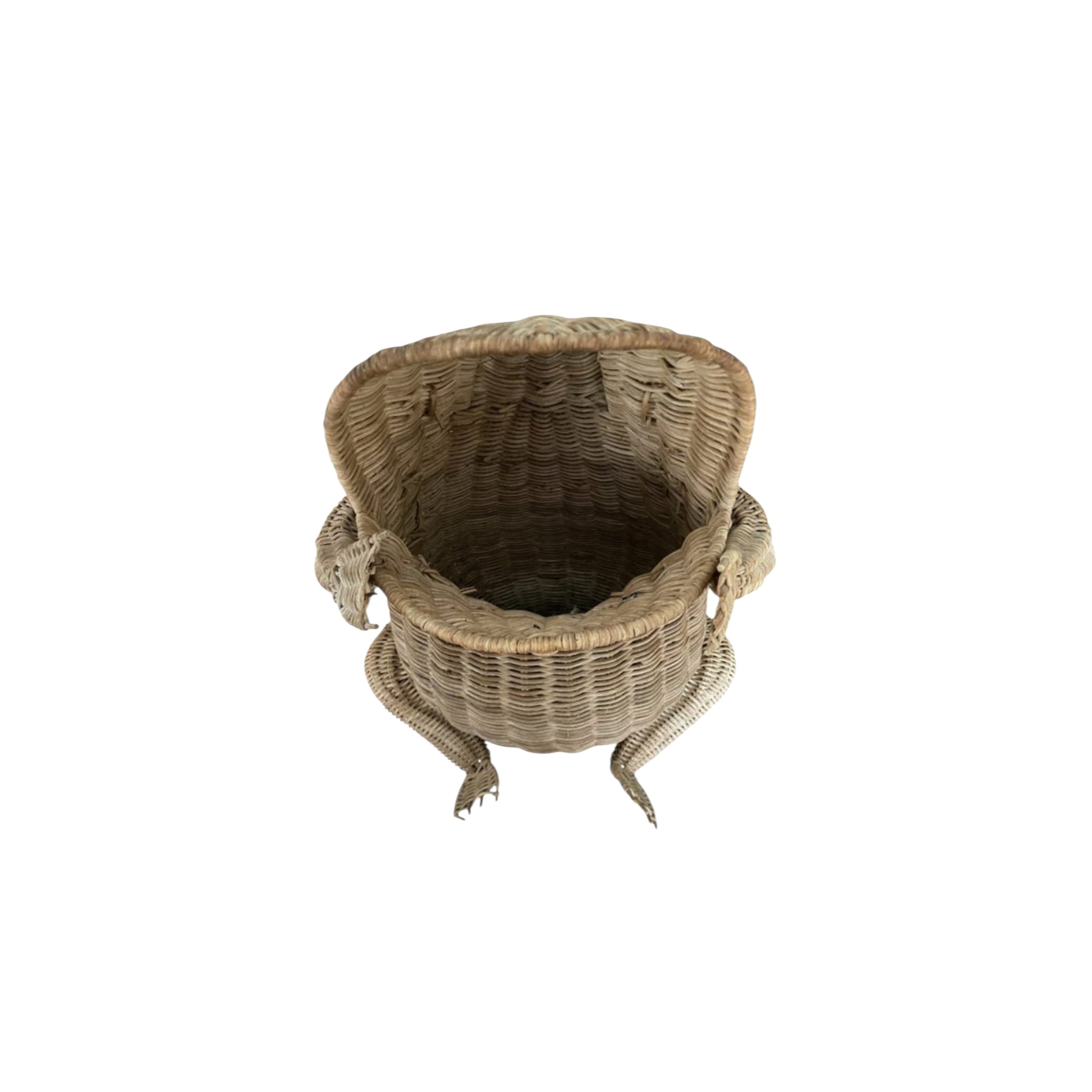 Interior of vintage wicker frog basket
