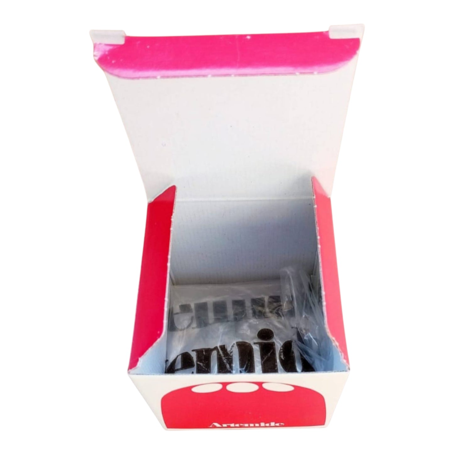 Original Artemide box opened to reveal the vintage red Dedalino pencil holder
