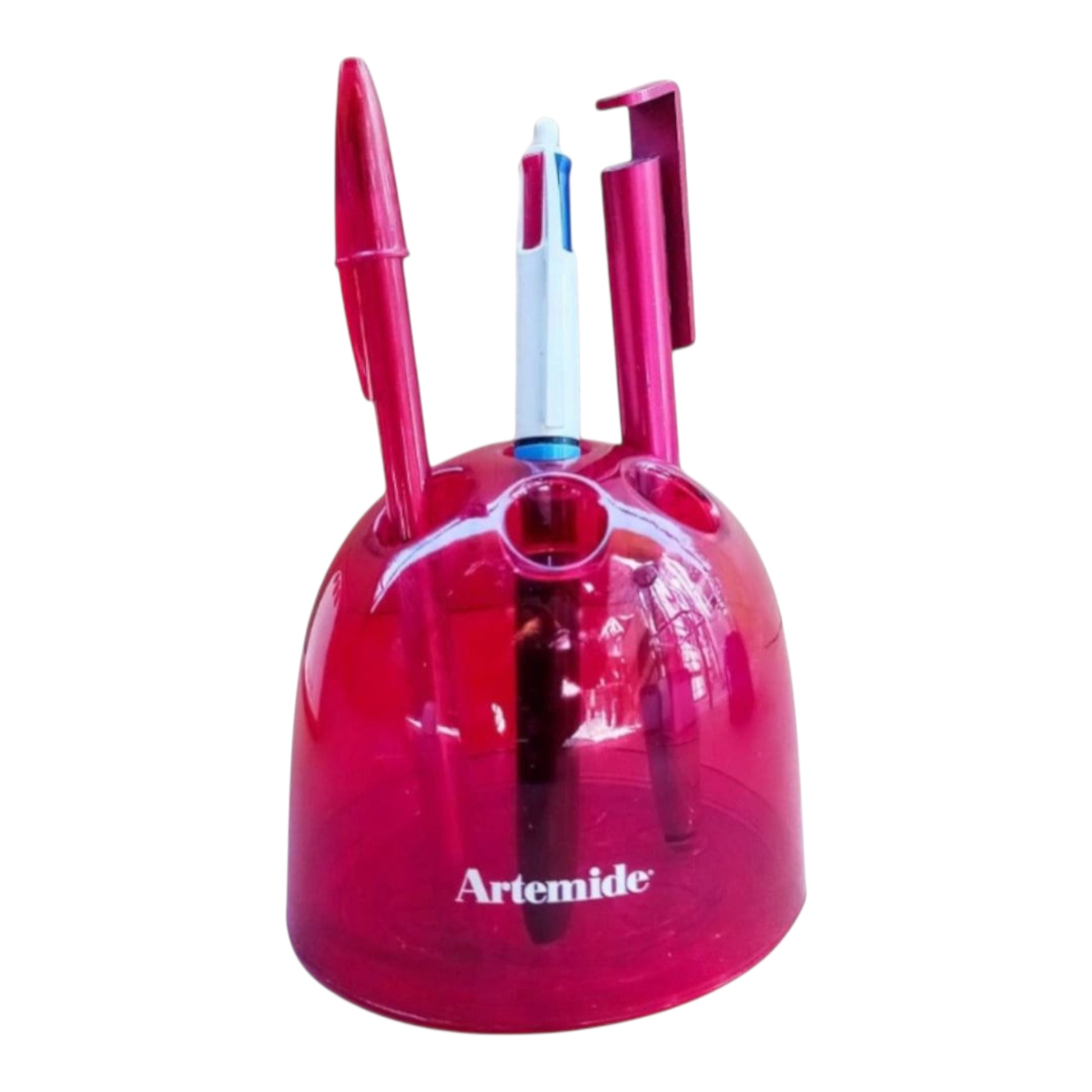 Translucent red Artemide Dedalino pencil holder with three pens