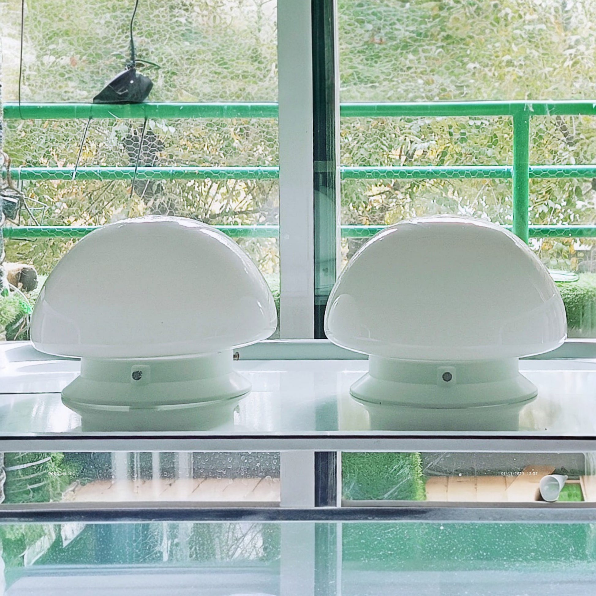 White opaline glass mushroom table lamps displayed by a window