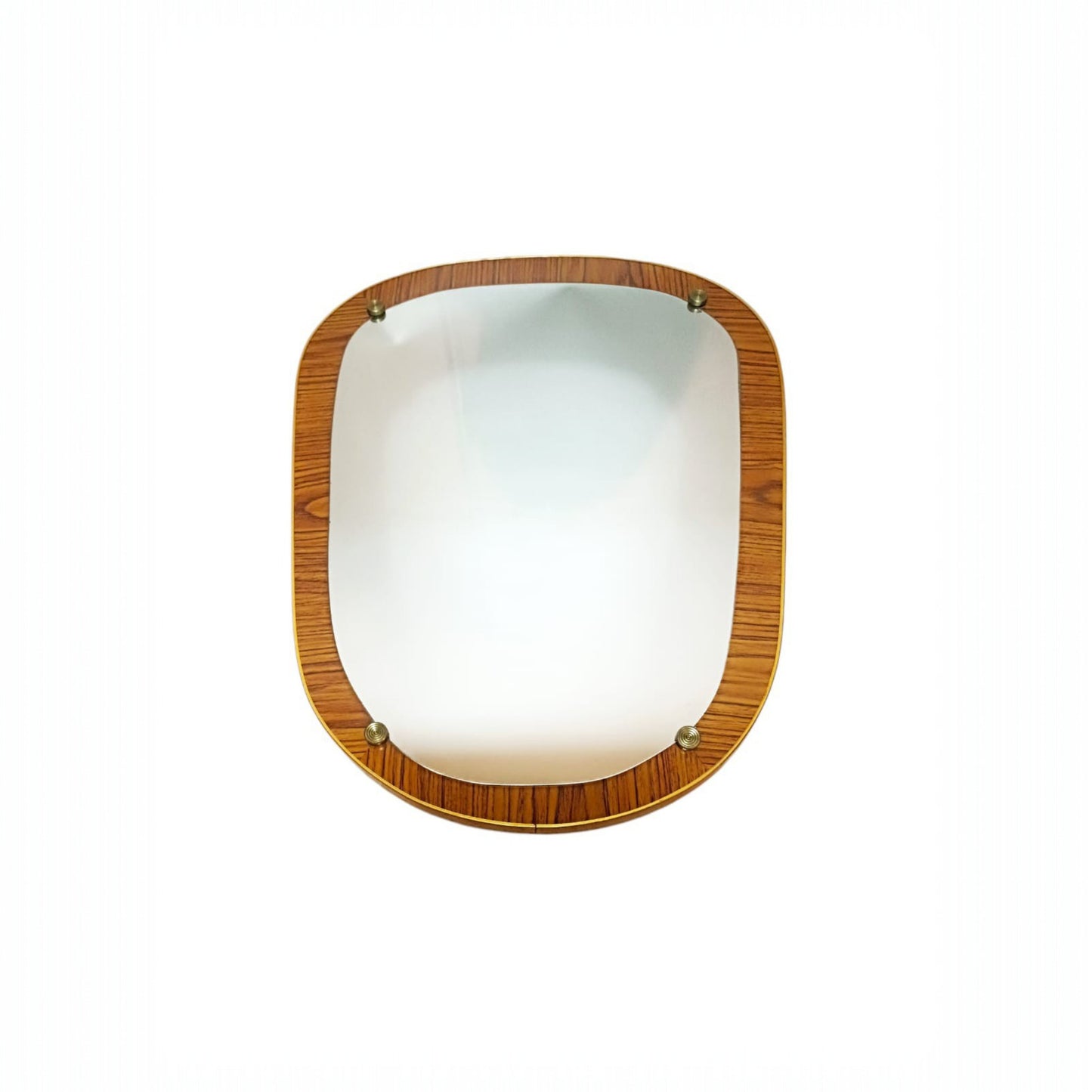 Vintage organic wall mirror mounted on a wood-veneered panel