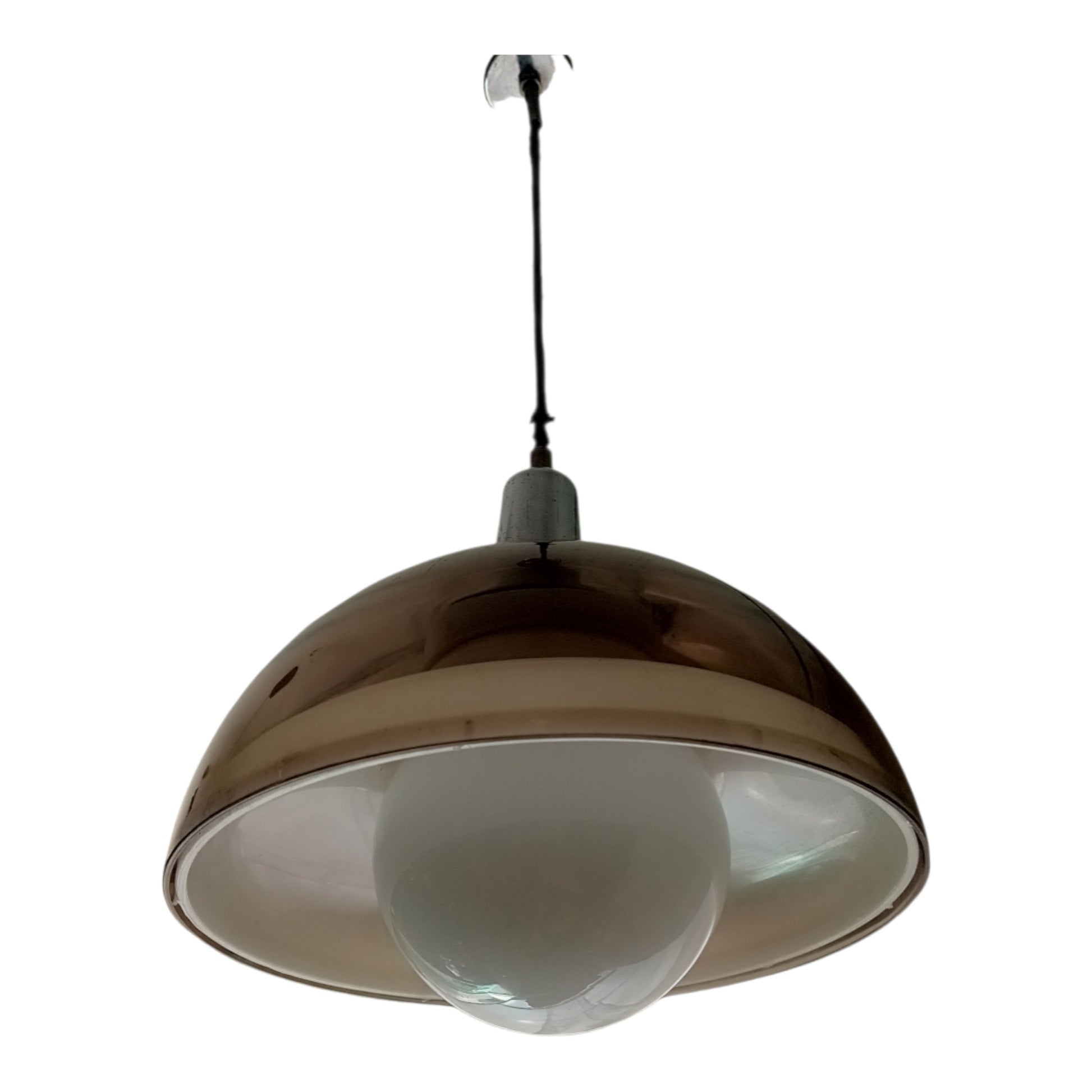 Low-angle view of smoked shade and white globe diffuser