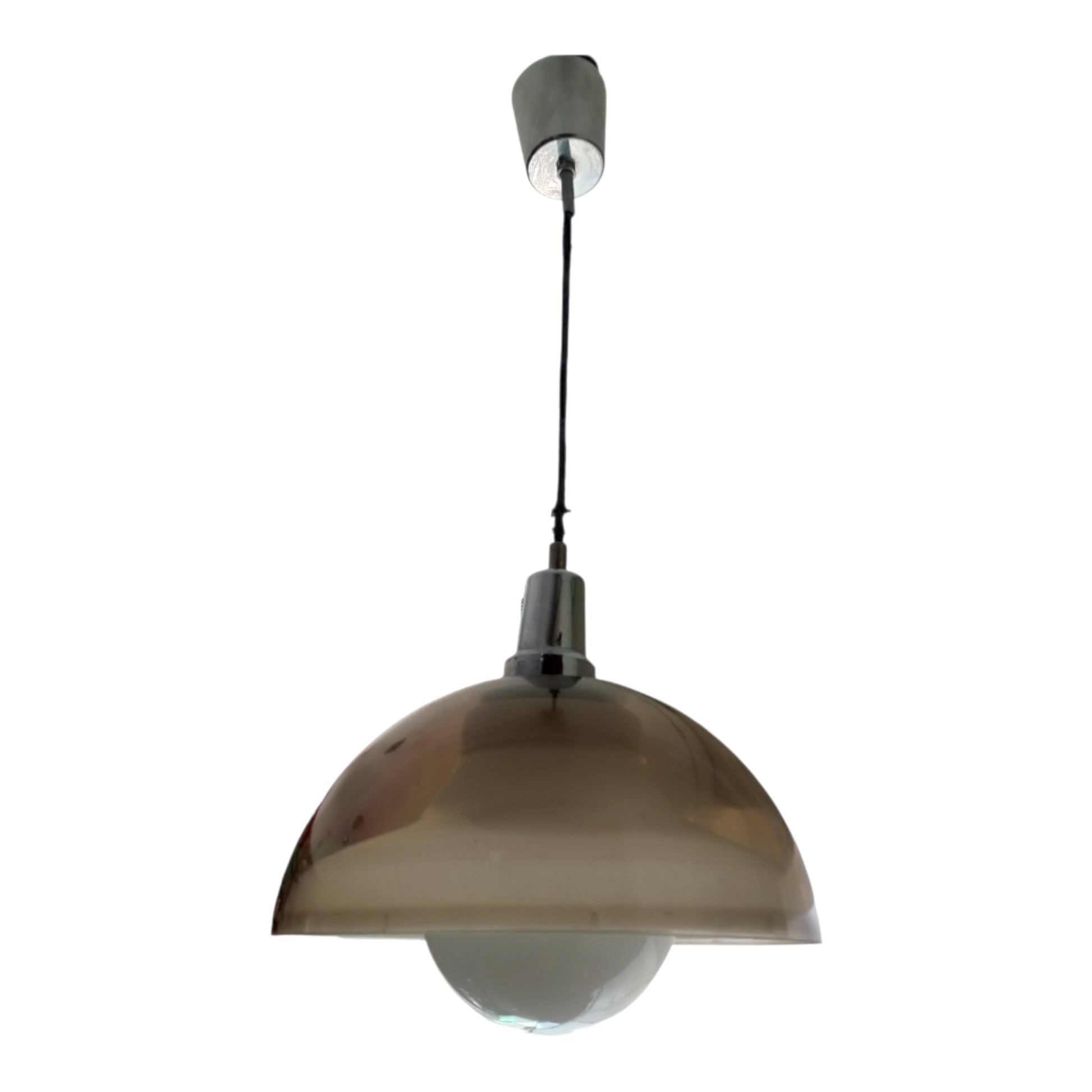 1970s smoked pendant light with white globe diffuser