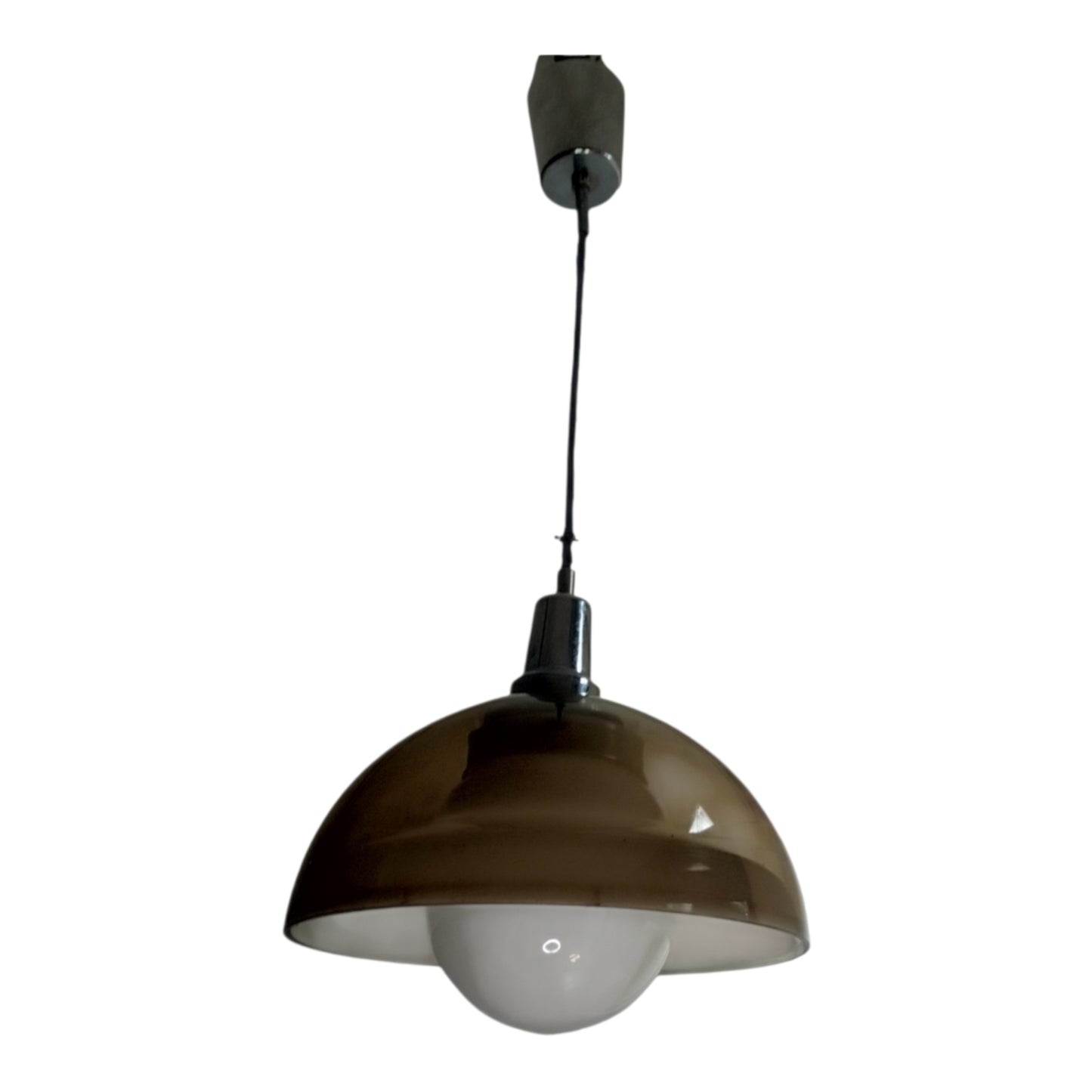 1970s smoked pendant light with white globe diffuser