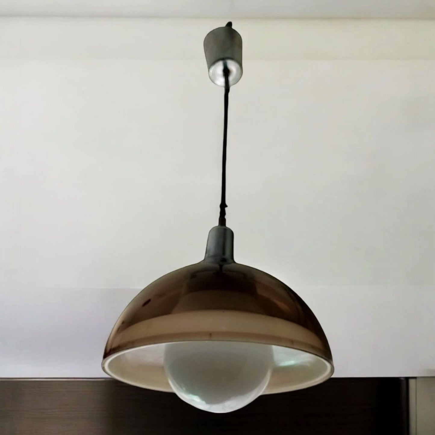 1970s smoked pendant light with white globe diffuser