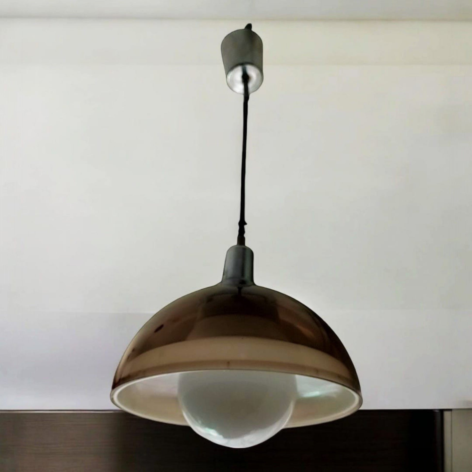 1970s smoked pendant light with white globe diffuser
