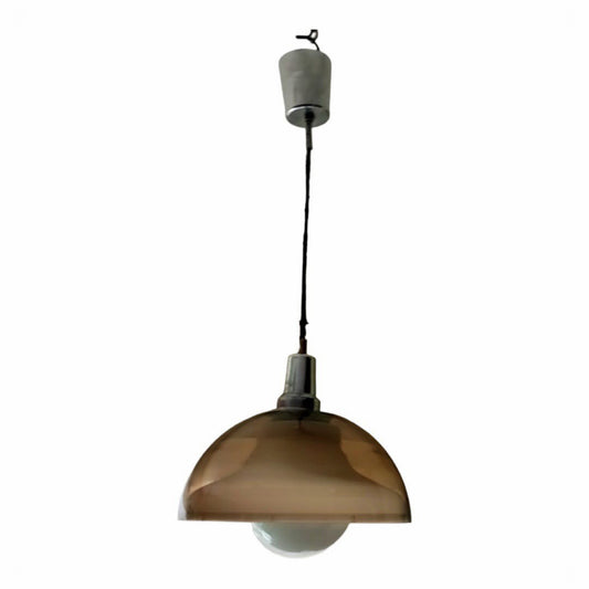 1970s smoked pendant light with white globe diffuser
