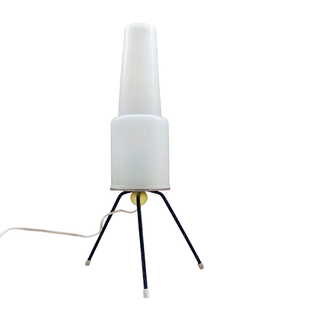 Front view of the opal lamp with three black-finished legs