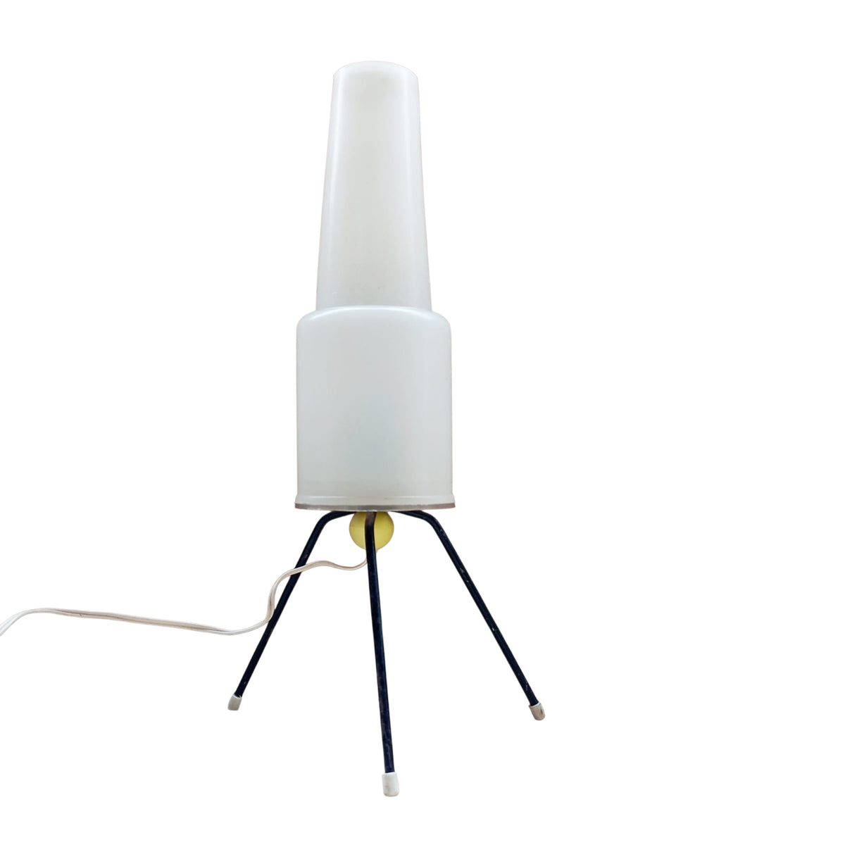 Opal plastic tripod table lamp shown unlit from the front