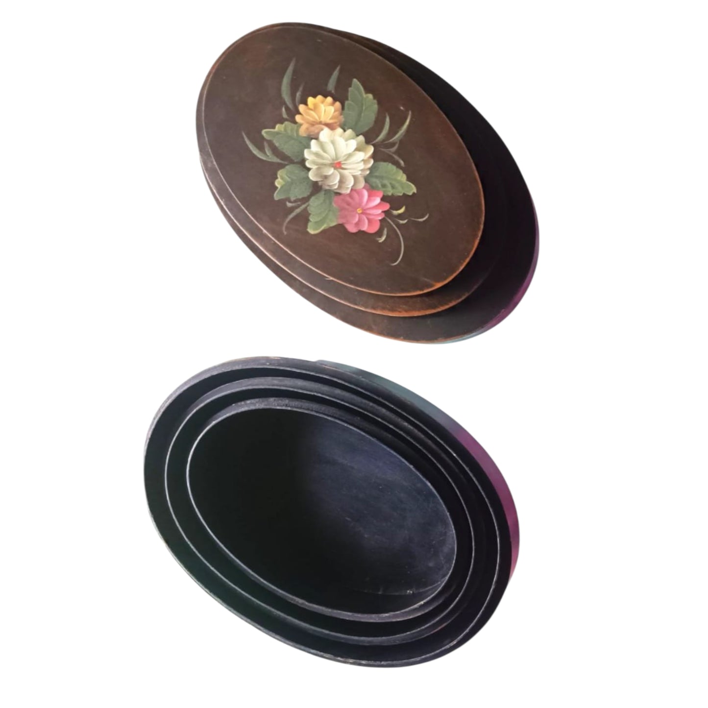 Largest floral wooden box shown open and nested.