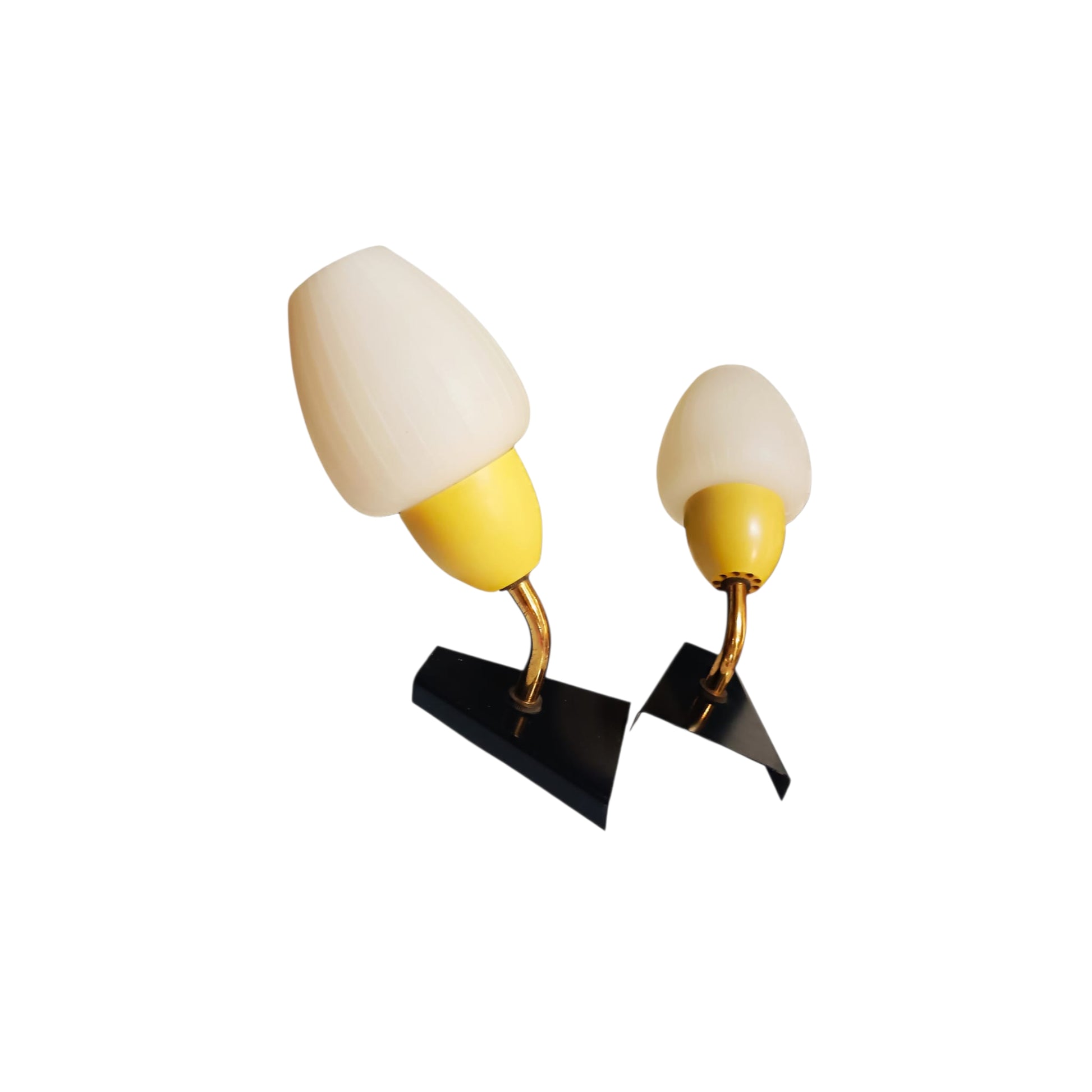 Pair of compact mid-century wall lights with contrasting rounded and angular forms