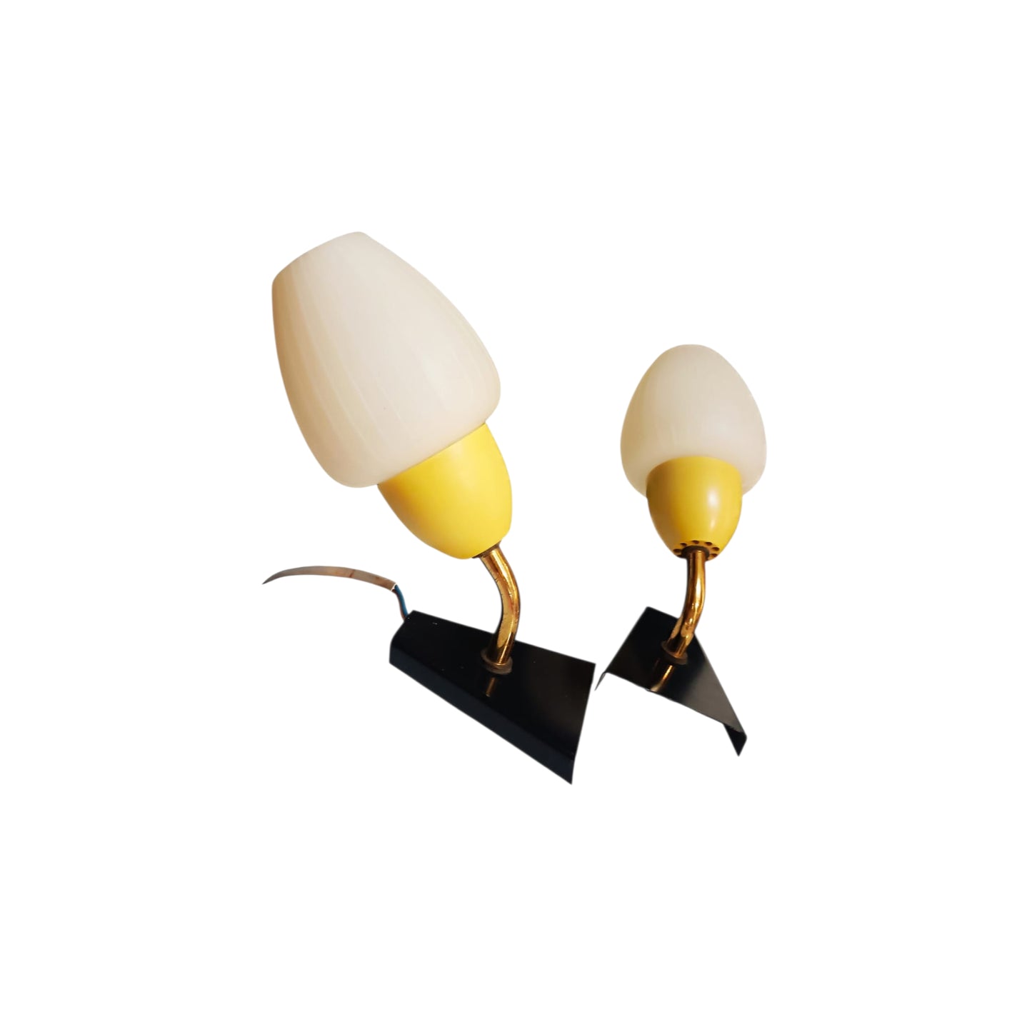 Pair of vintage mid-century wall lights with white shades, yellow fittings and black wall plates