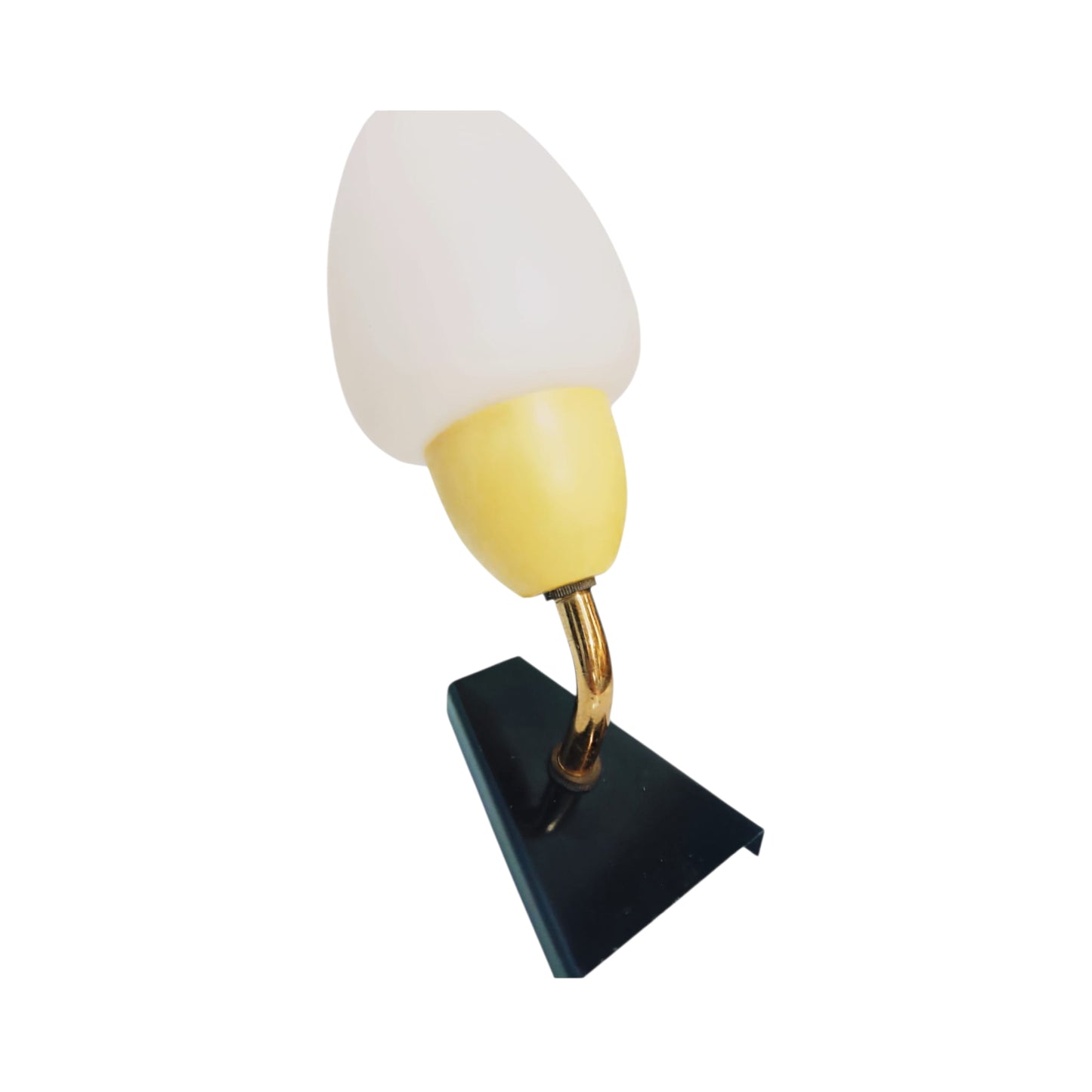 Side view of a mid-century wall light with yellow fitting and angular black metal plate