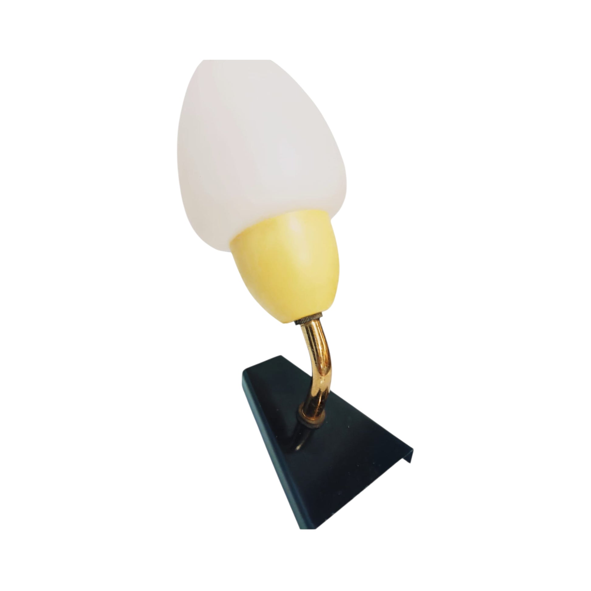 Side view of a mid-century wall light with yellow fitting and angular black metal plate