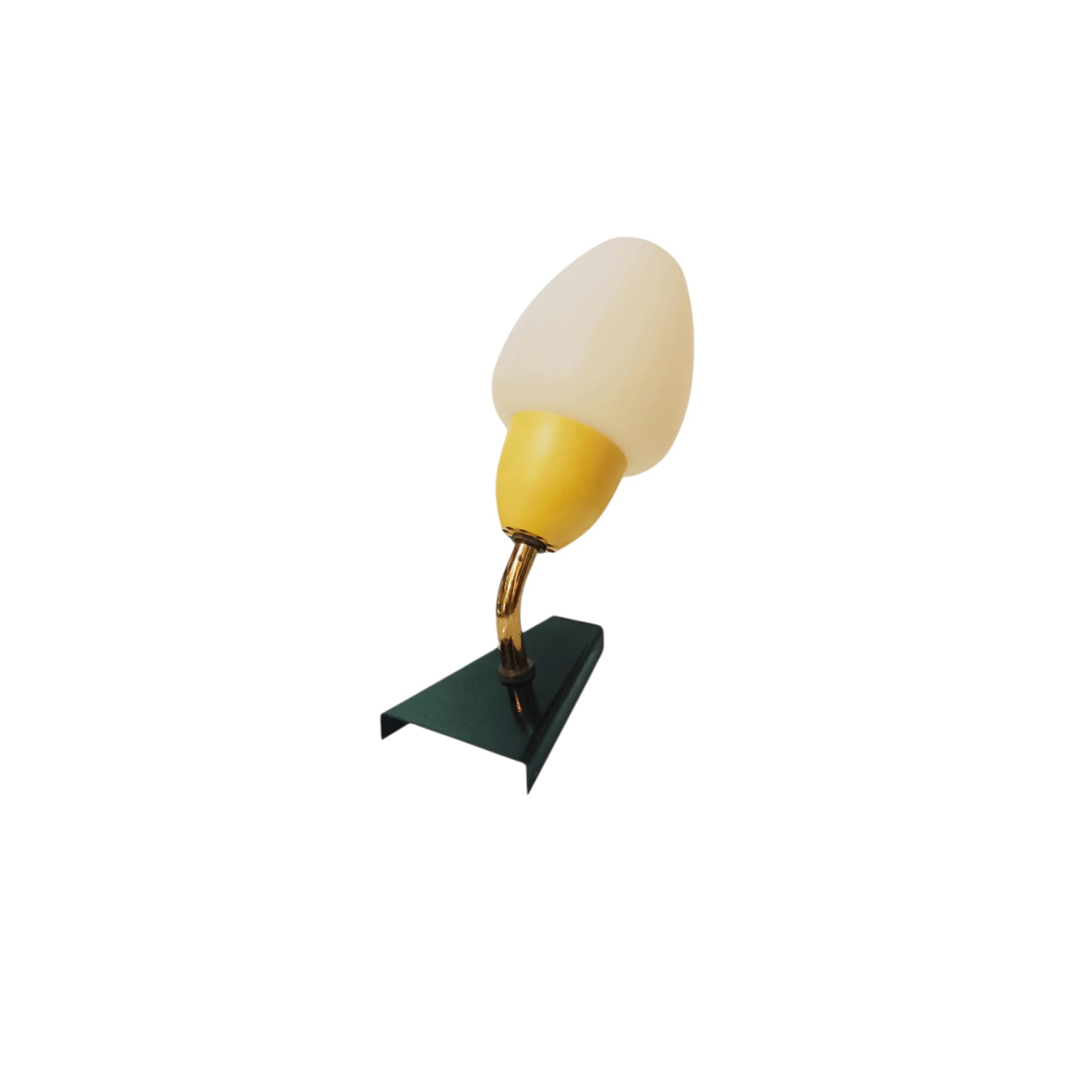 Single vintage wall light with white opaline-effect shade and curved brass-tone arm