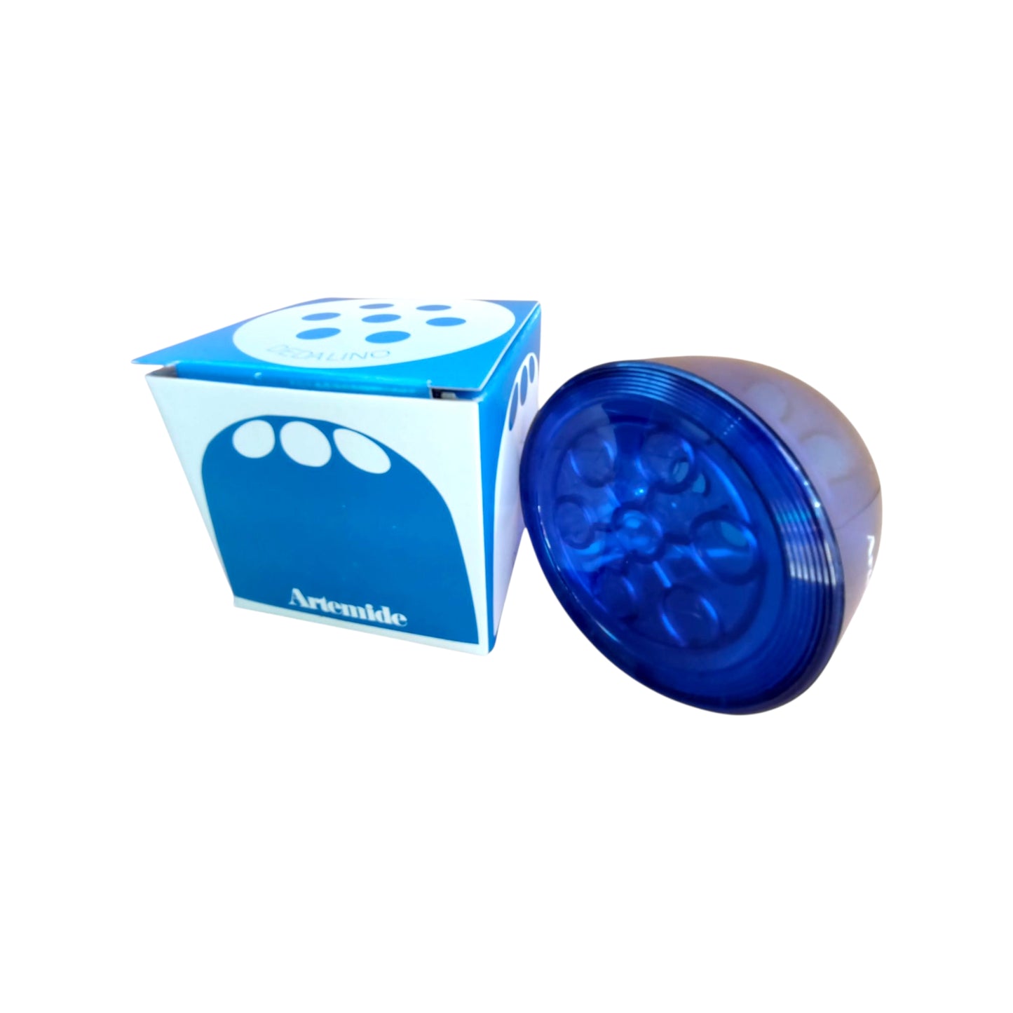 Vintage blue Artemide Dedalino shown on its side with the original box