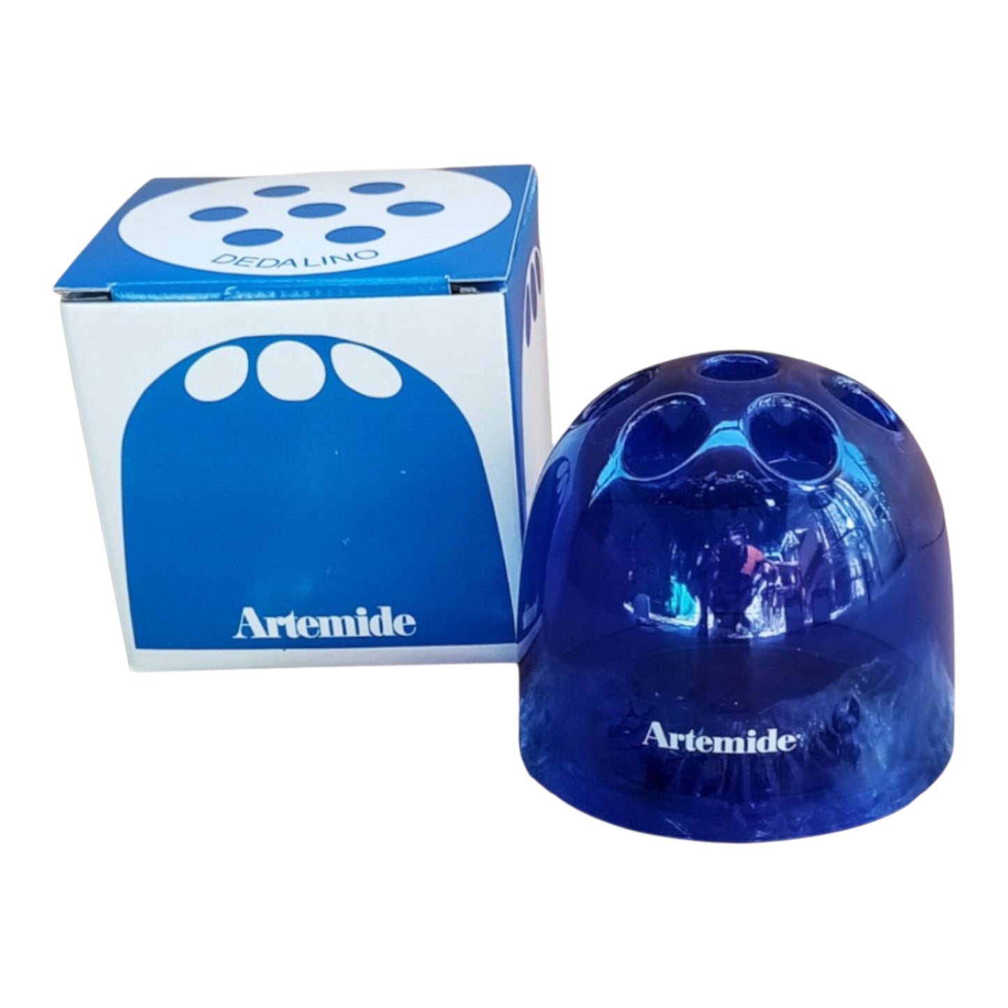 Vintage blue Dedalino pencil holder by Emma Gismondi for Artemide with original box