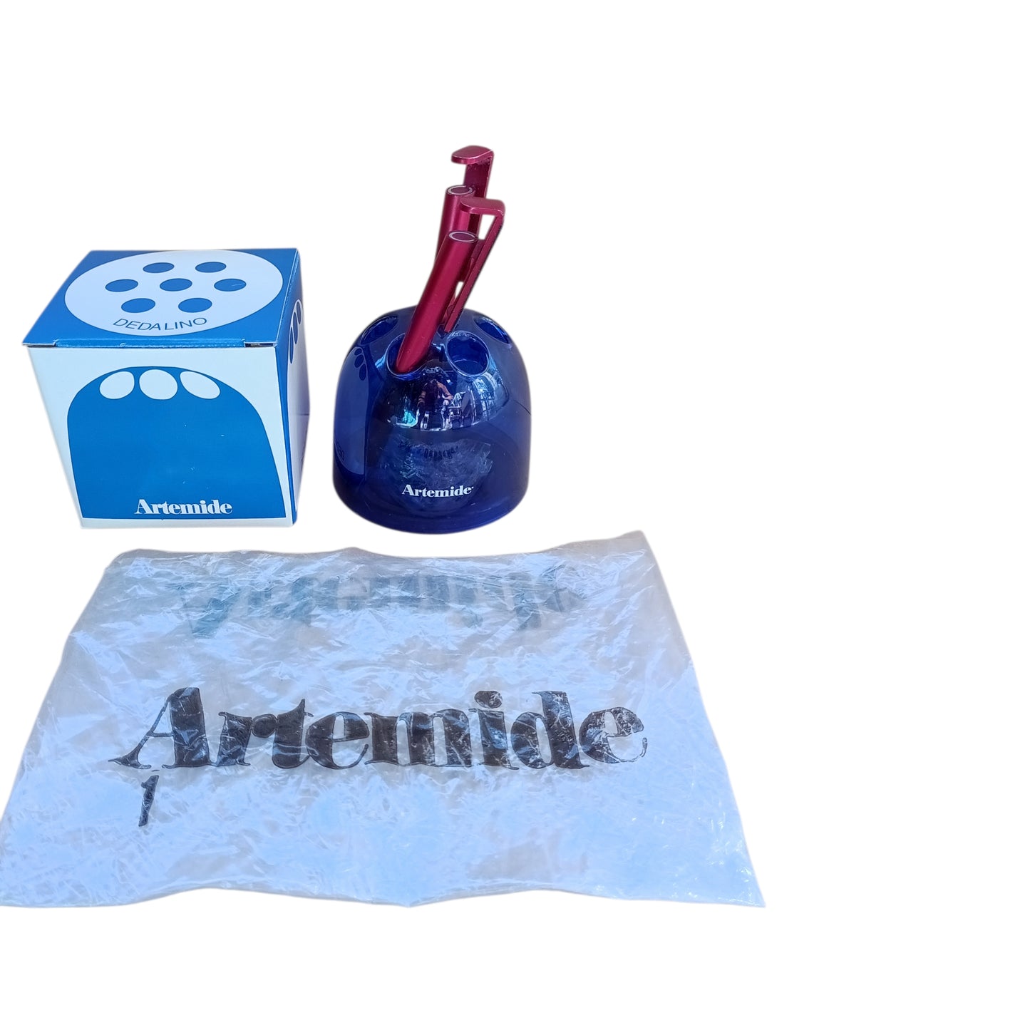 Blue Artemide Dedalino holding pens with original box and protective wrapping