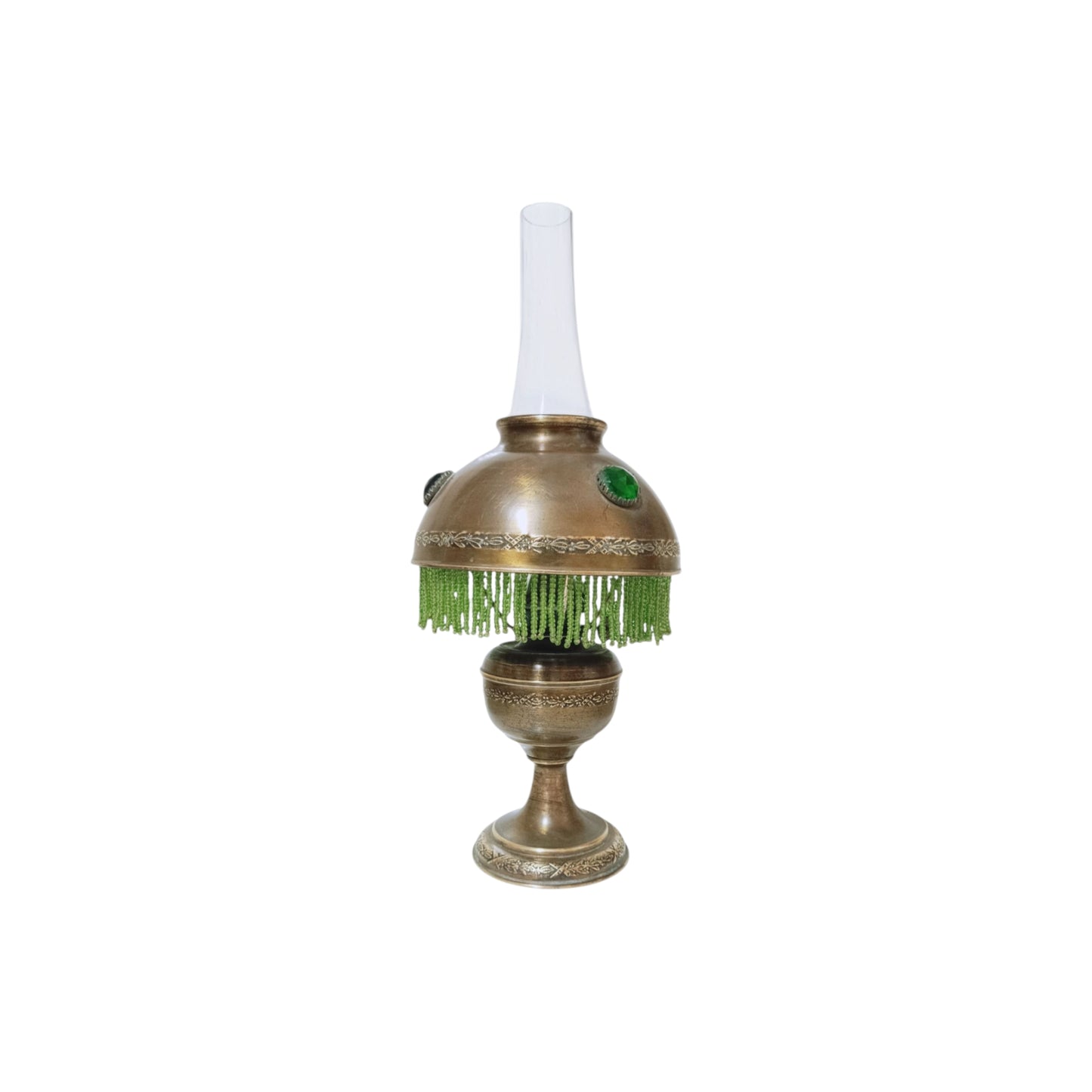 Victorian bronze oil table lamp with green and amber cabochons