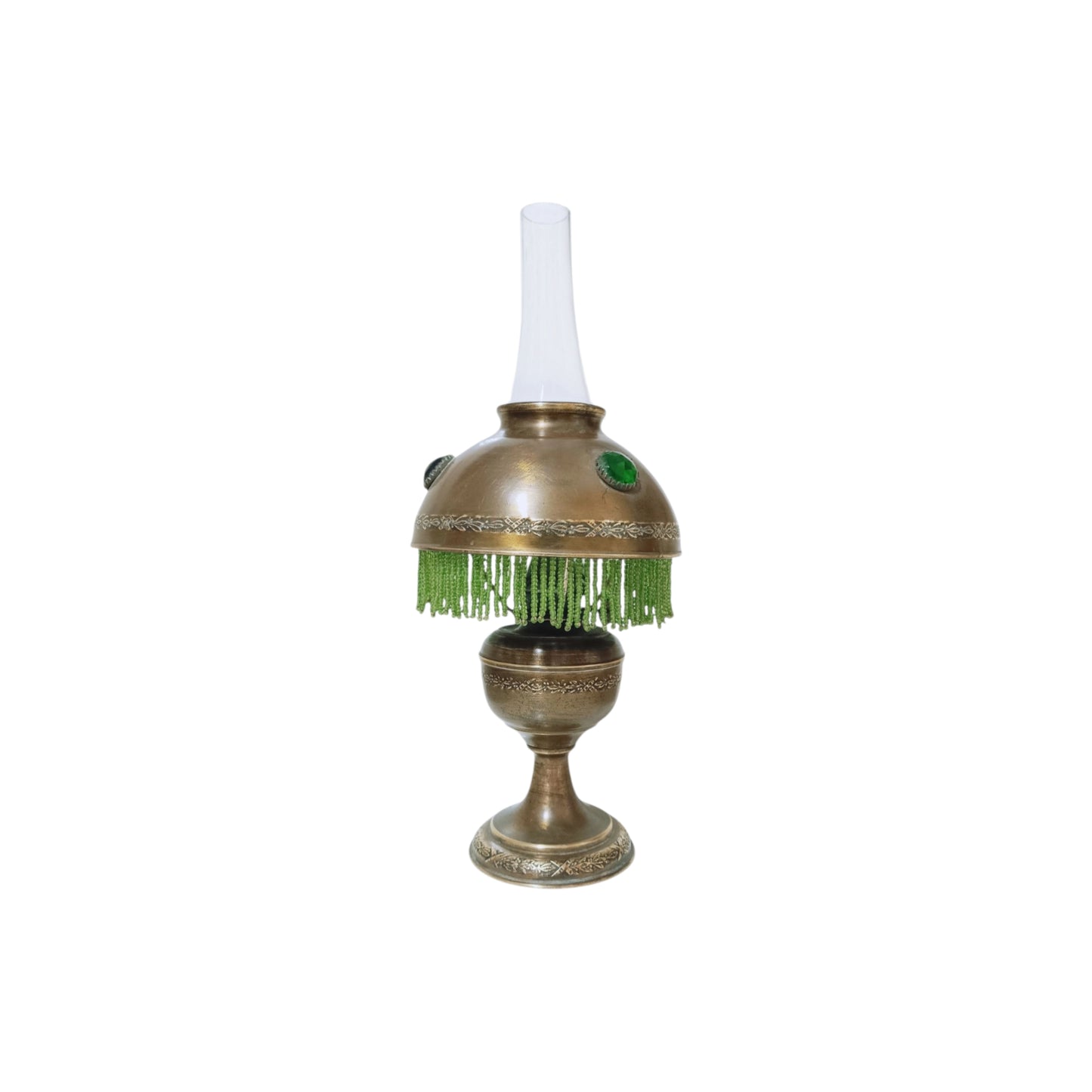Antique oil table lamp with glass chimney and green beaded shade