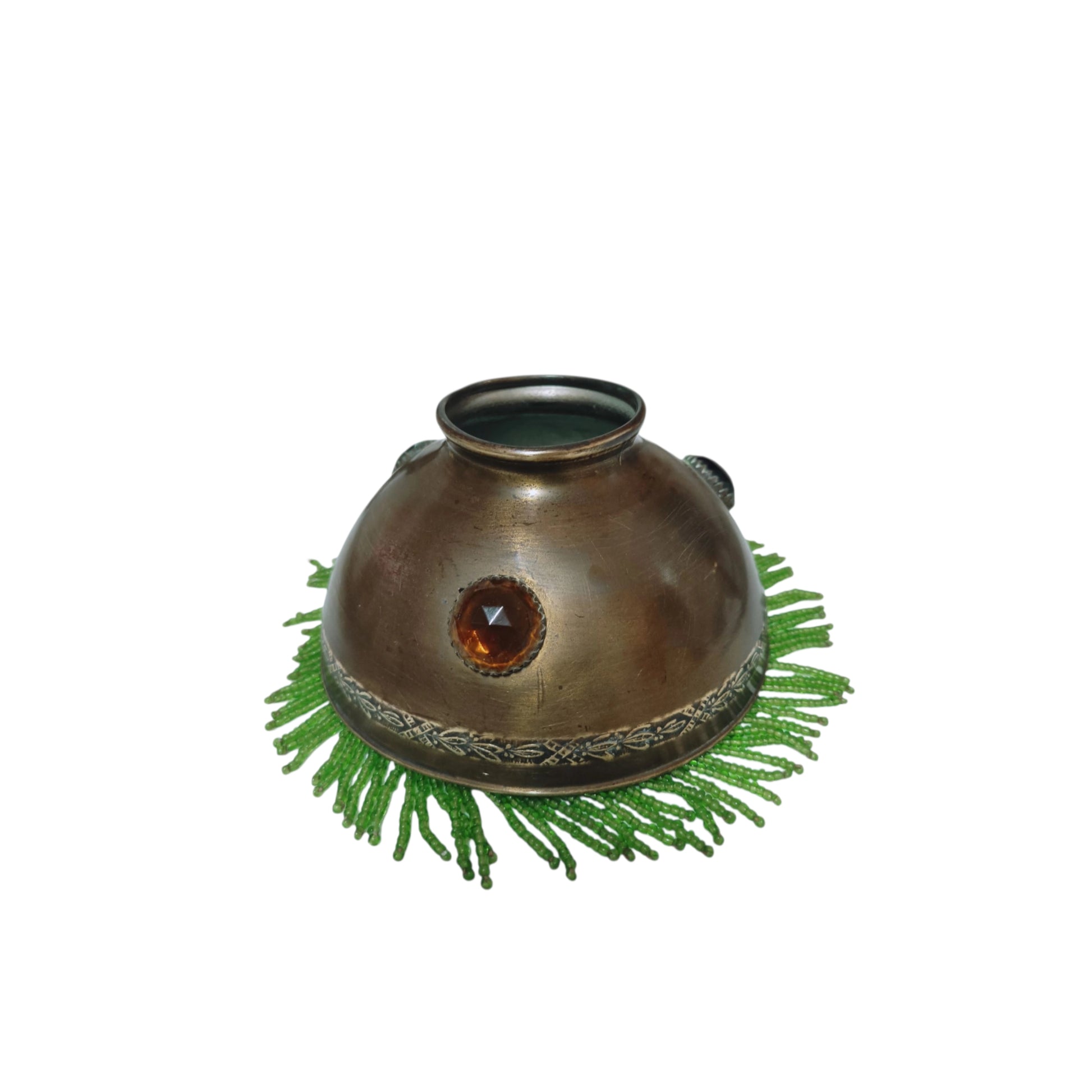 Decorated metal shade with  glass cabochon and bead fringe