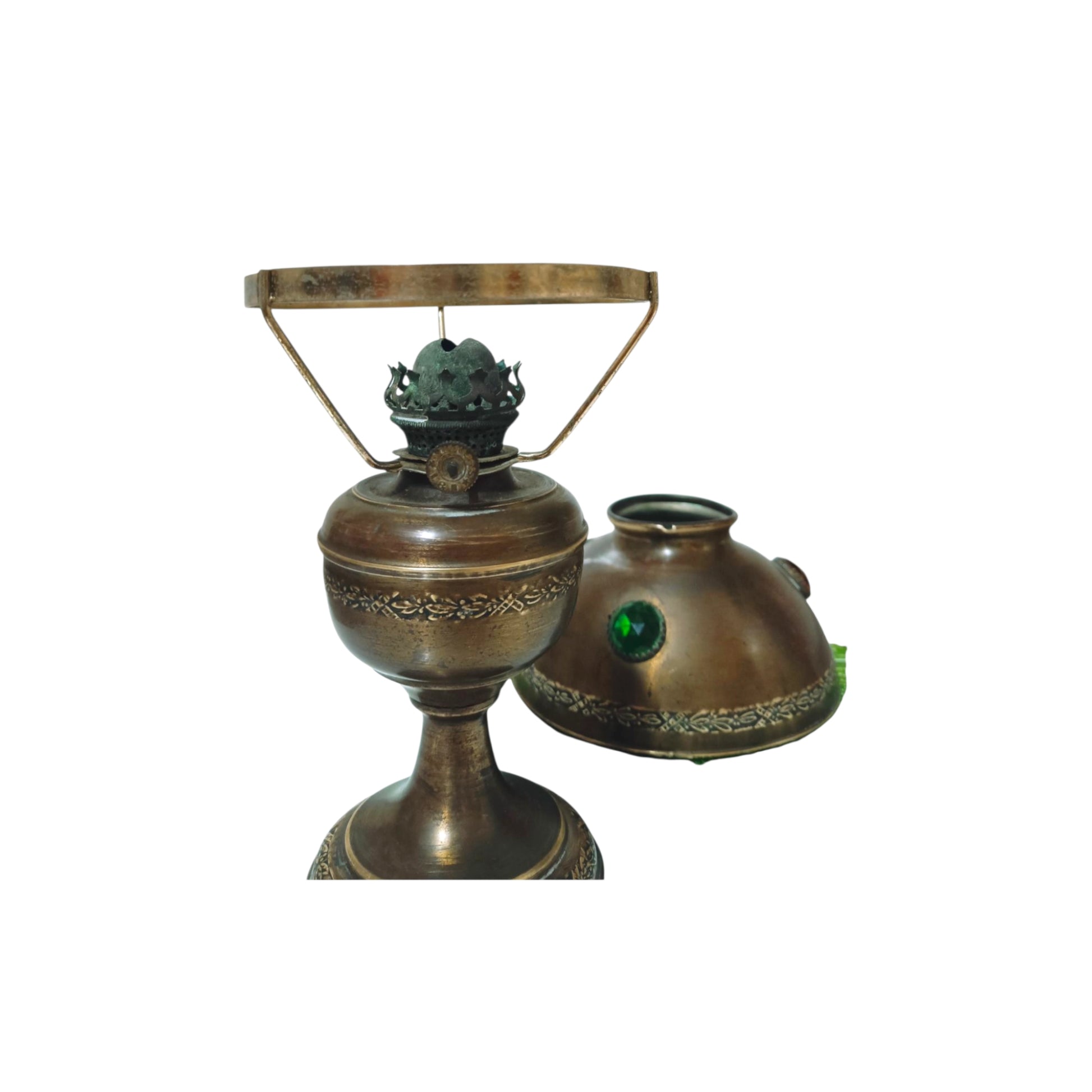 Antique oil lamp base shown beside its decorated shade