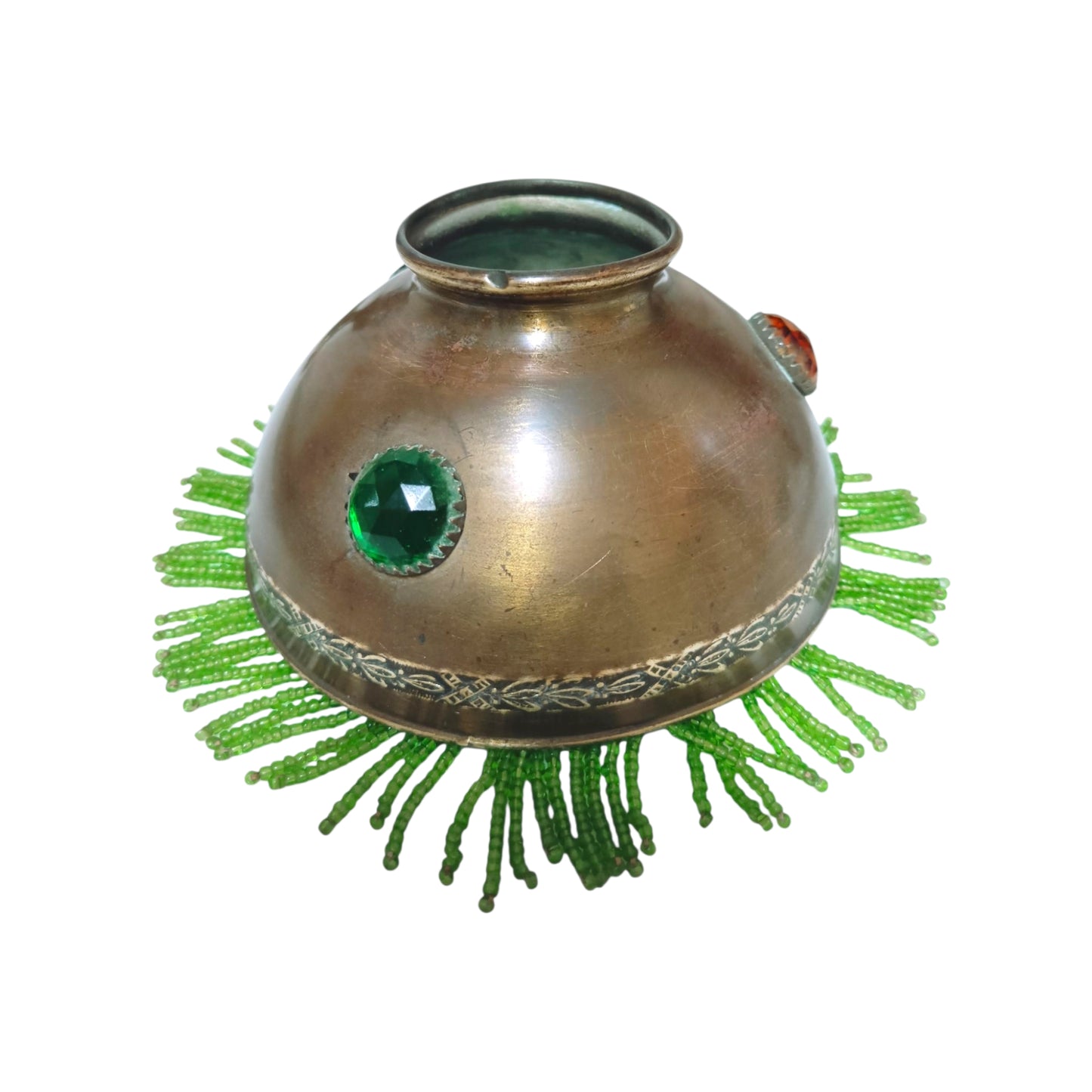 Decorated metal shade with green glass cabochon and bead fringe