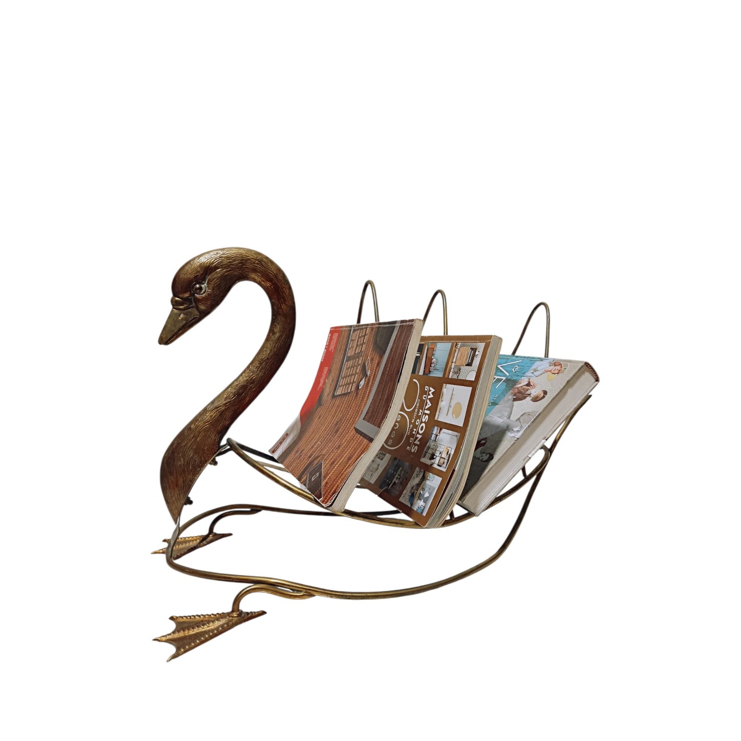 Side view of swan-shaped magazine rack displayed with magazines