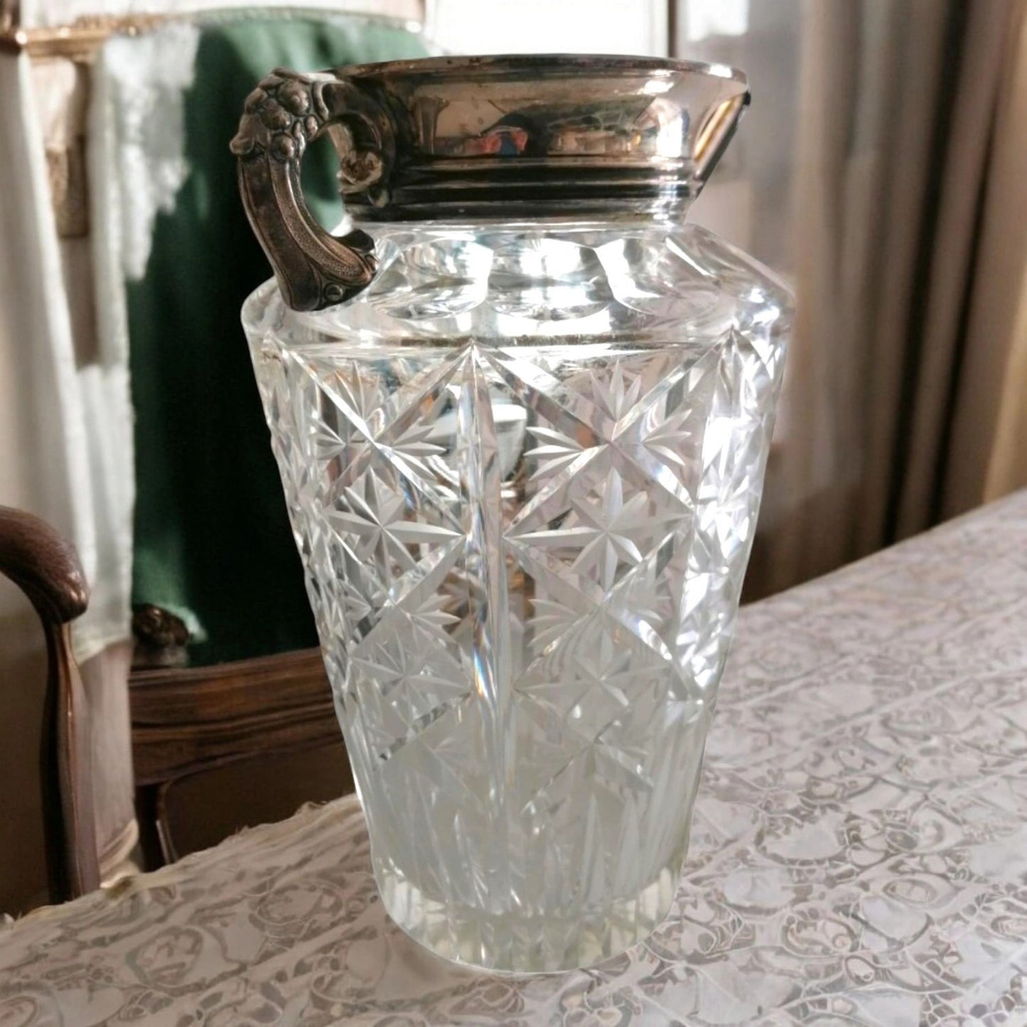 Vintage glass vase displayed on a table.