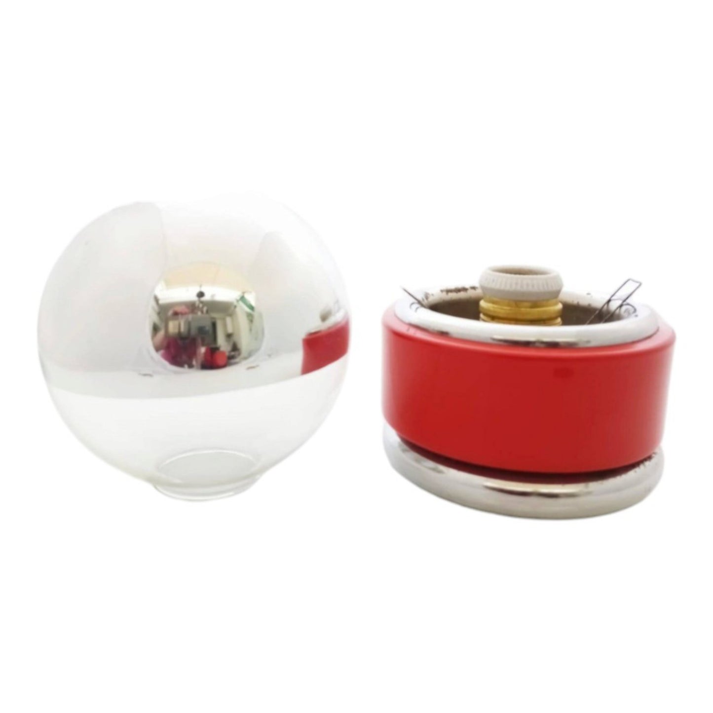 Vintage Space Age lamp disassembled to show the glass globe and red base 