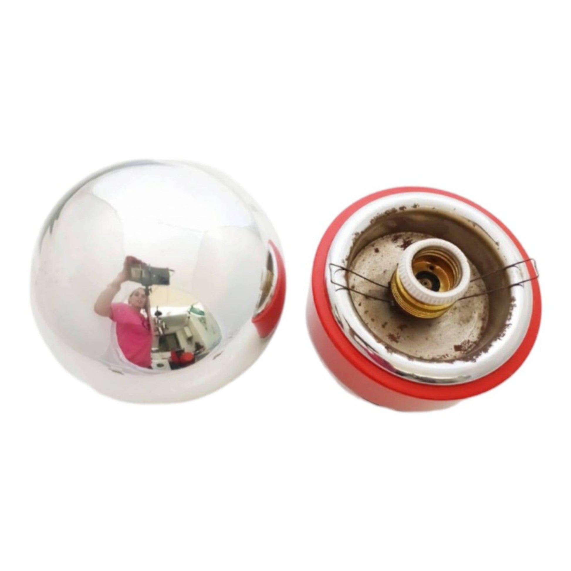 Clear glass globe and red lamp base shown separately from above 