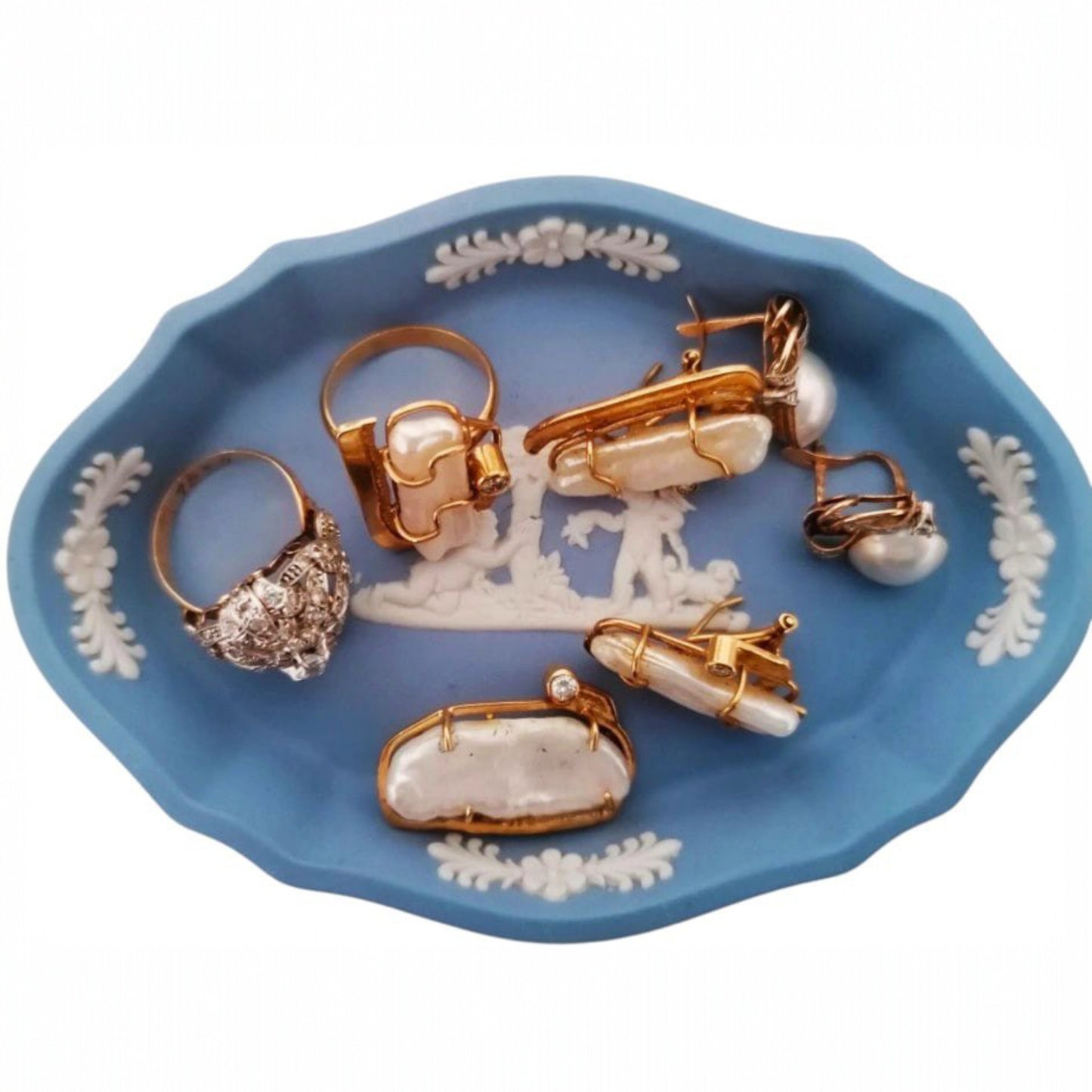 Wedgwood blue Jasperware trinket dish displayed with vintage jewellery