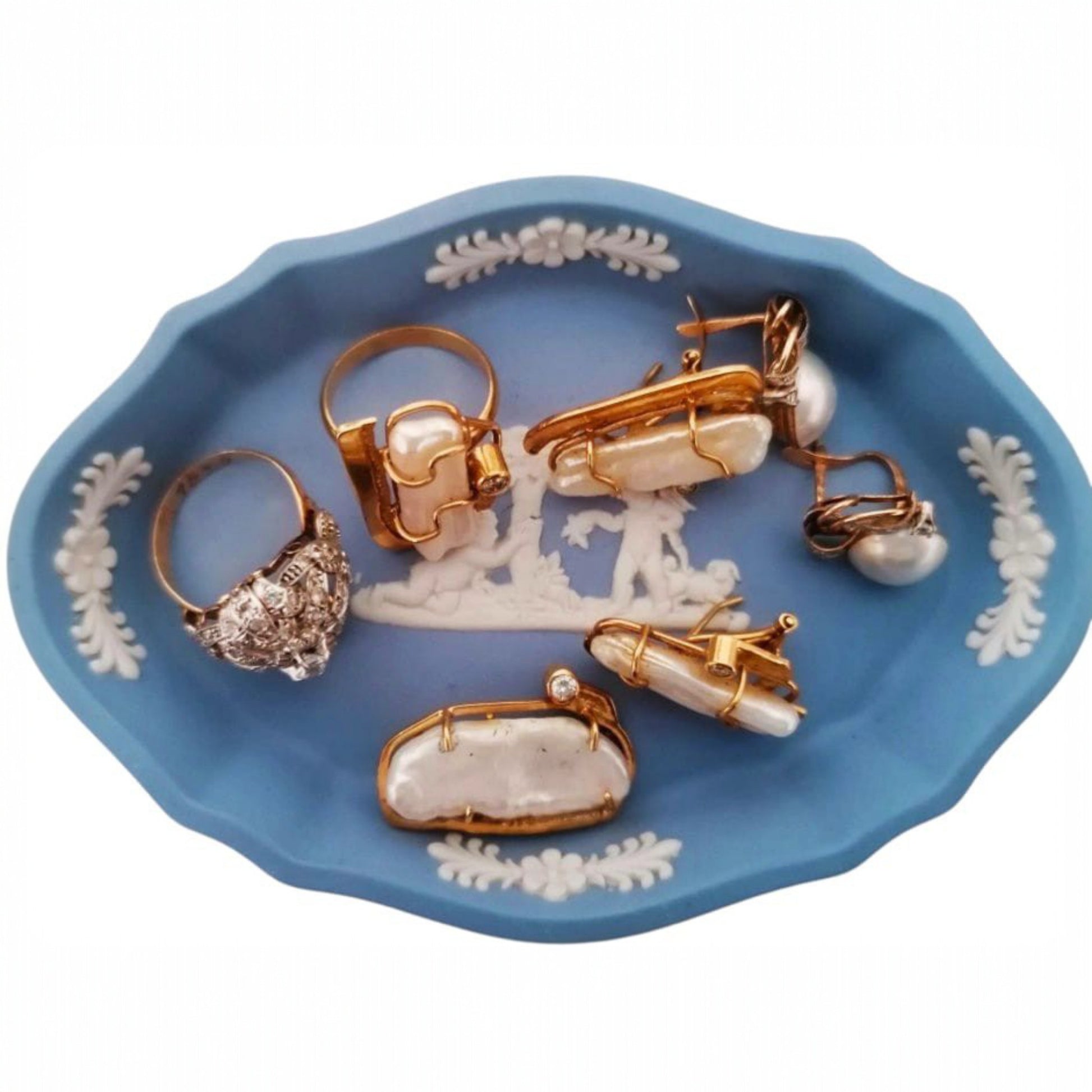 Wedgwood blue Jasperware trinket dish displayed with vintage jewellery