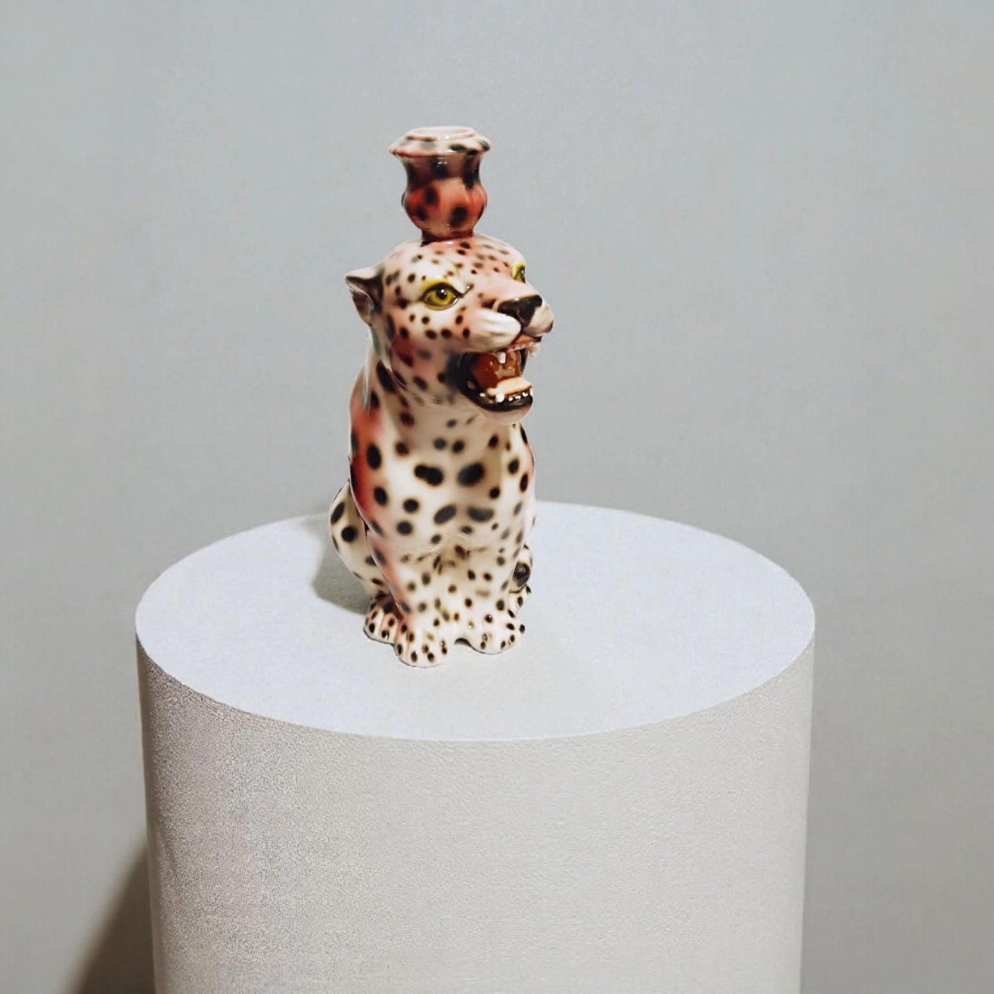 Italian Porcelain Leopard Candle Holder, Mid-20th Century