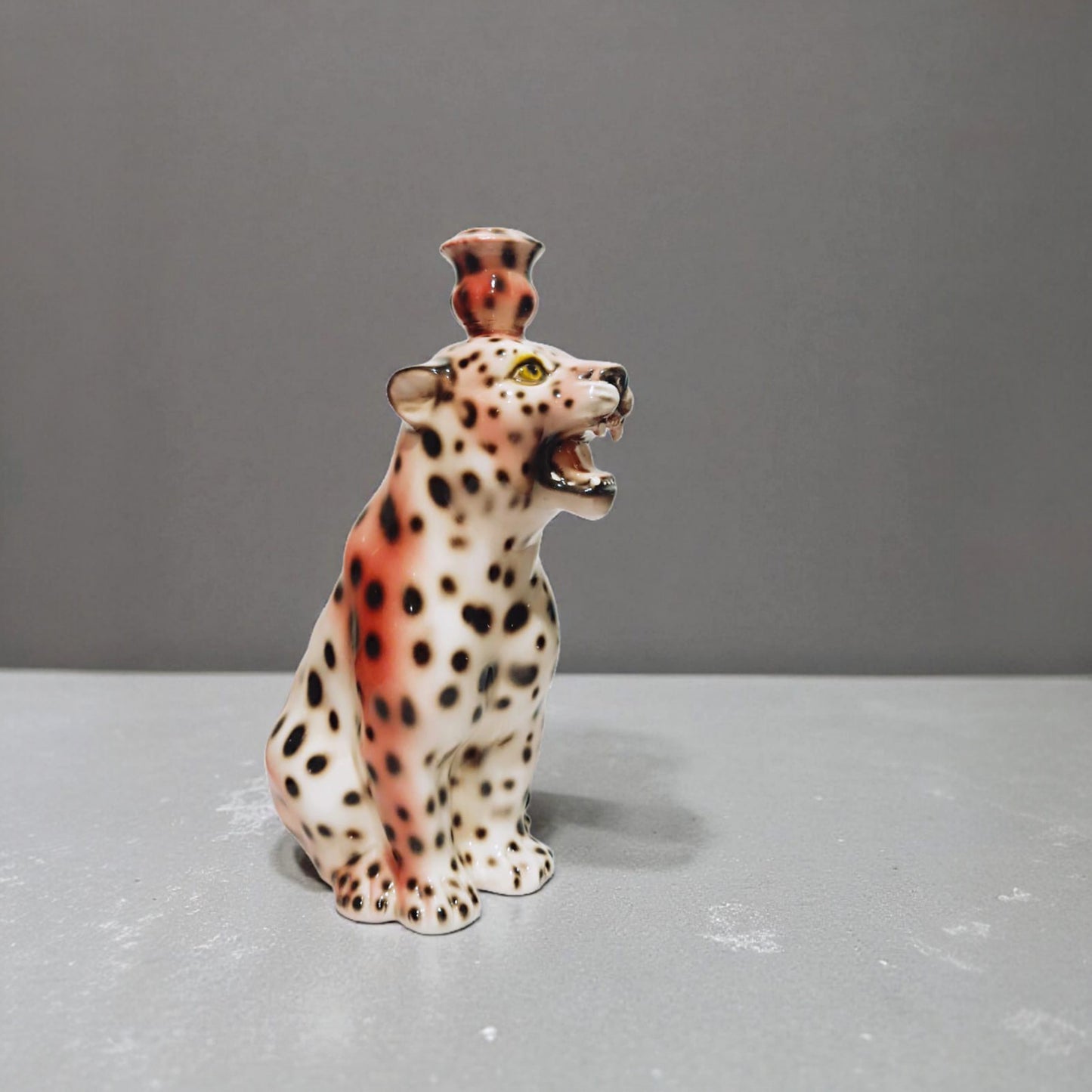 Italian Porcelain Leopard Candle Holder, Mid-20th Century