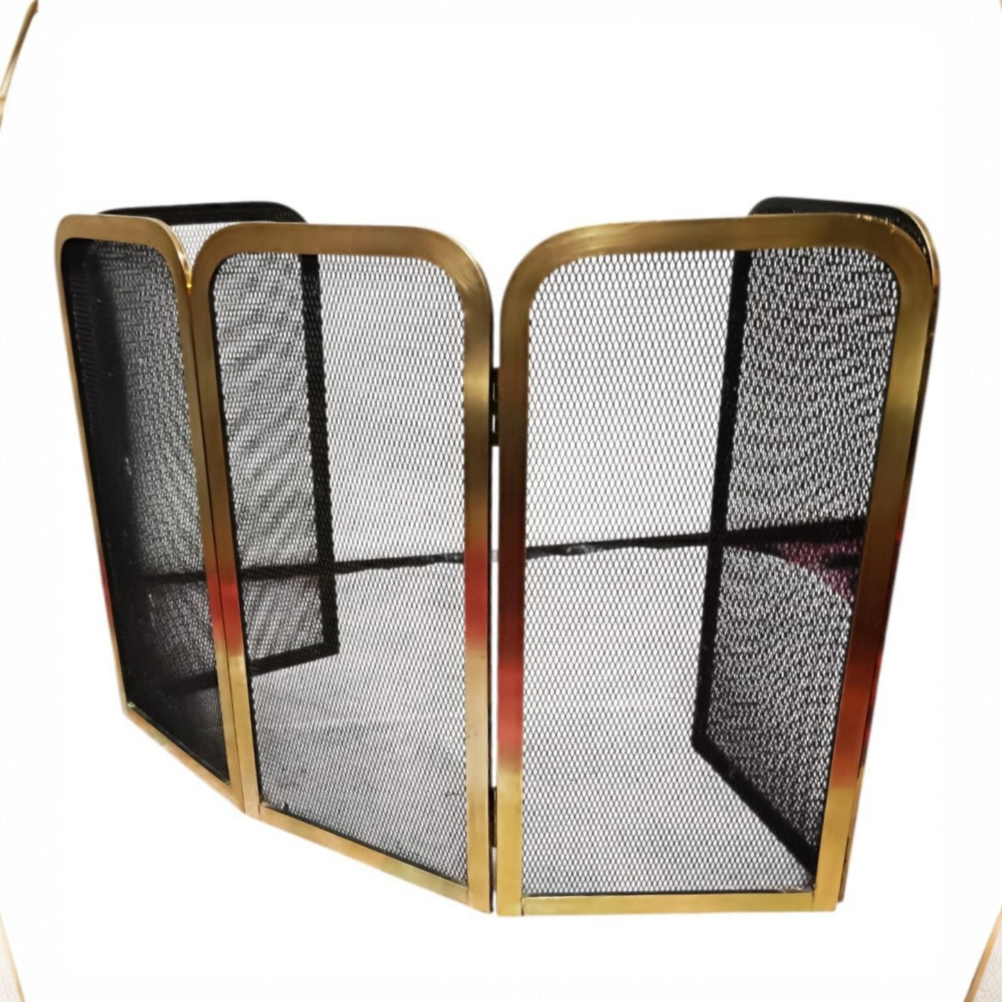 Mid-Century Folding Fireplace Screen, Brass-Toned Frame