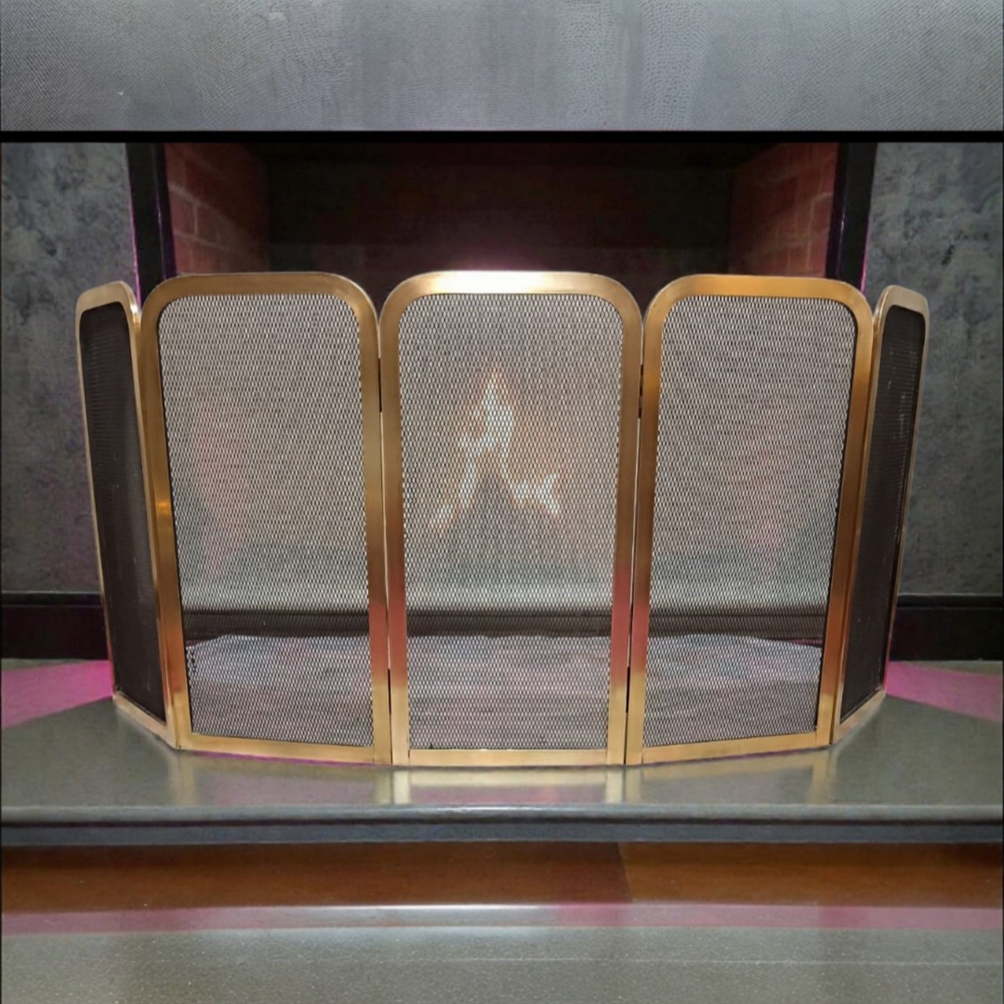 Mid-Century Folding Fireplace Screen, Brass-Toned Frame