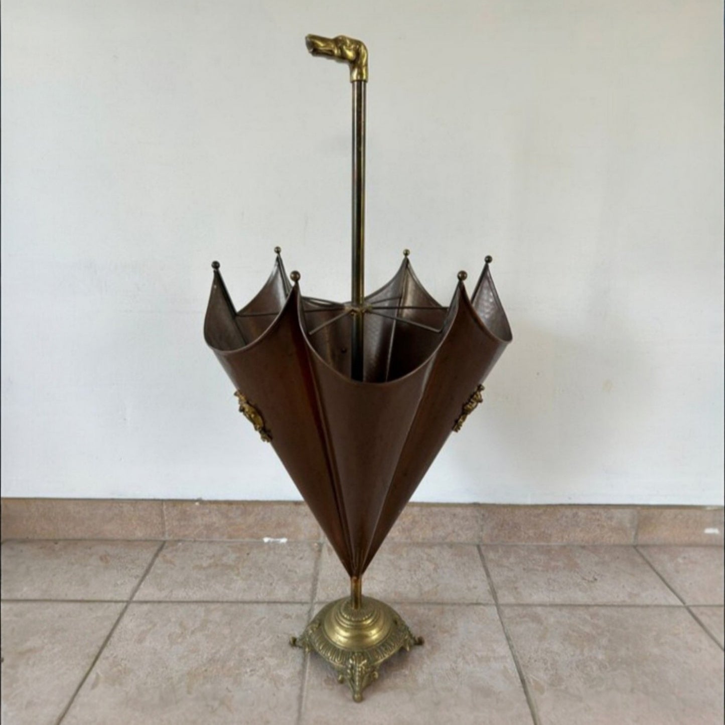 Vintage Brass and Smoked Metal Umbrella Stand, Circa 1970
