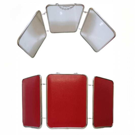 Folding Three-Panel Vanity Mirror with Red Exterior, Chrome Frame, circa 1960s–1970s