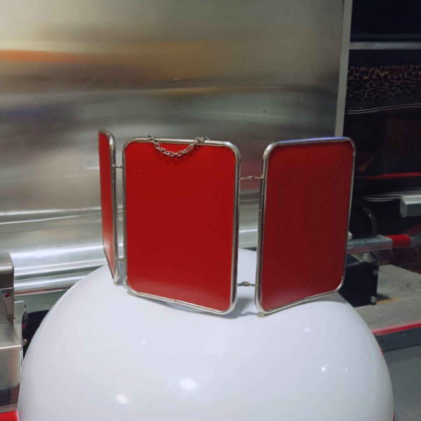 Folding Three-Panel Vanity Mirror with Red Exterior, Chrome Frame, circa 1960s–1970s