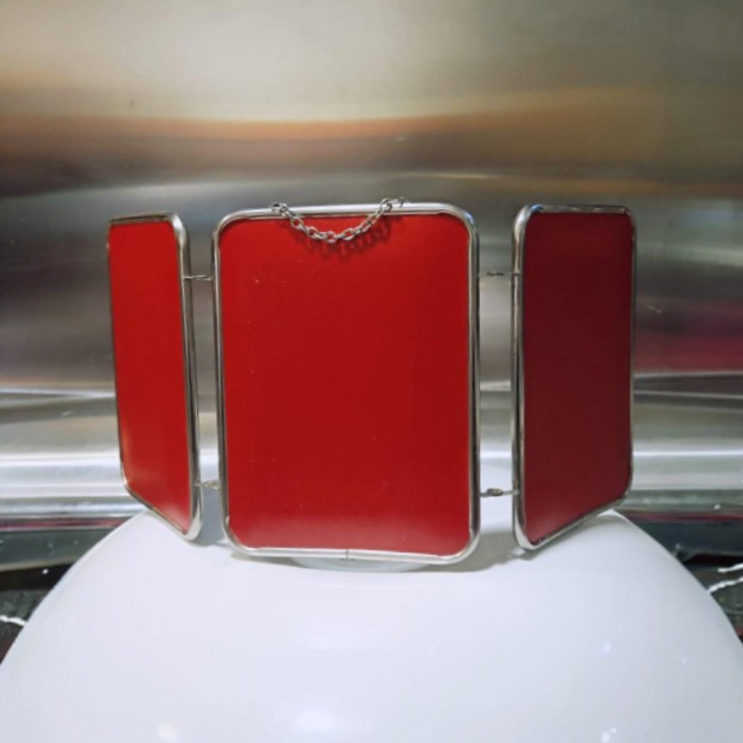 Folding Three-Panel Vanity Mirror with Red Exterior, Chrome Frame, circa 1960s–1970s