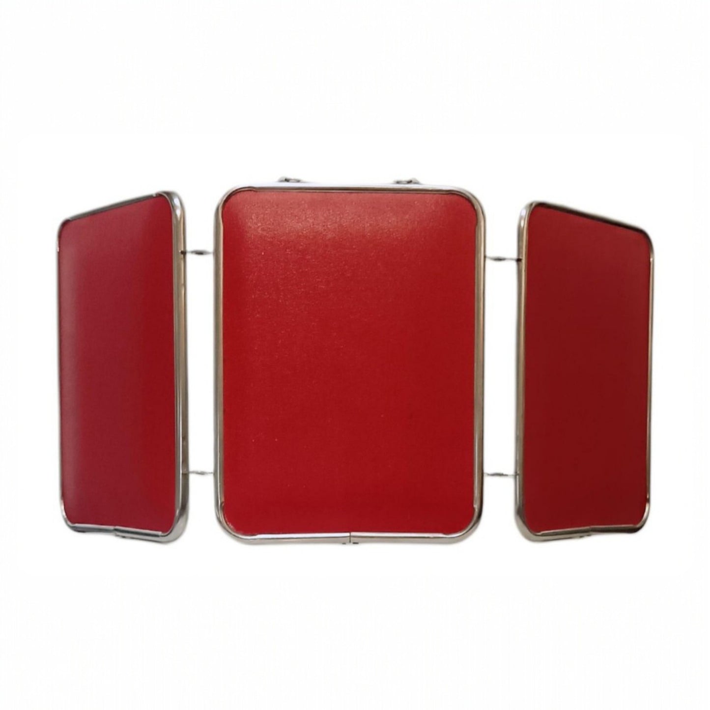 Folding Three-Panel Vanity Mirror with Red Exterior, Chrome Frame, circa 1960s–1970s