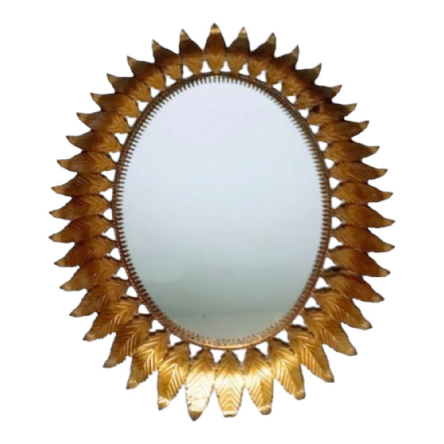 Oval Sunburst Leaf Mirror in Gold-Toned Metal, Spain, 1950s–60s