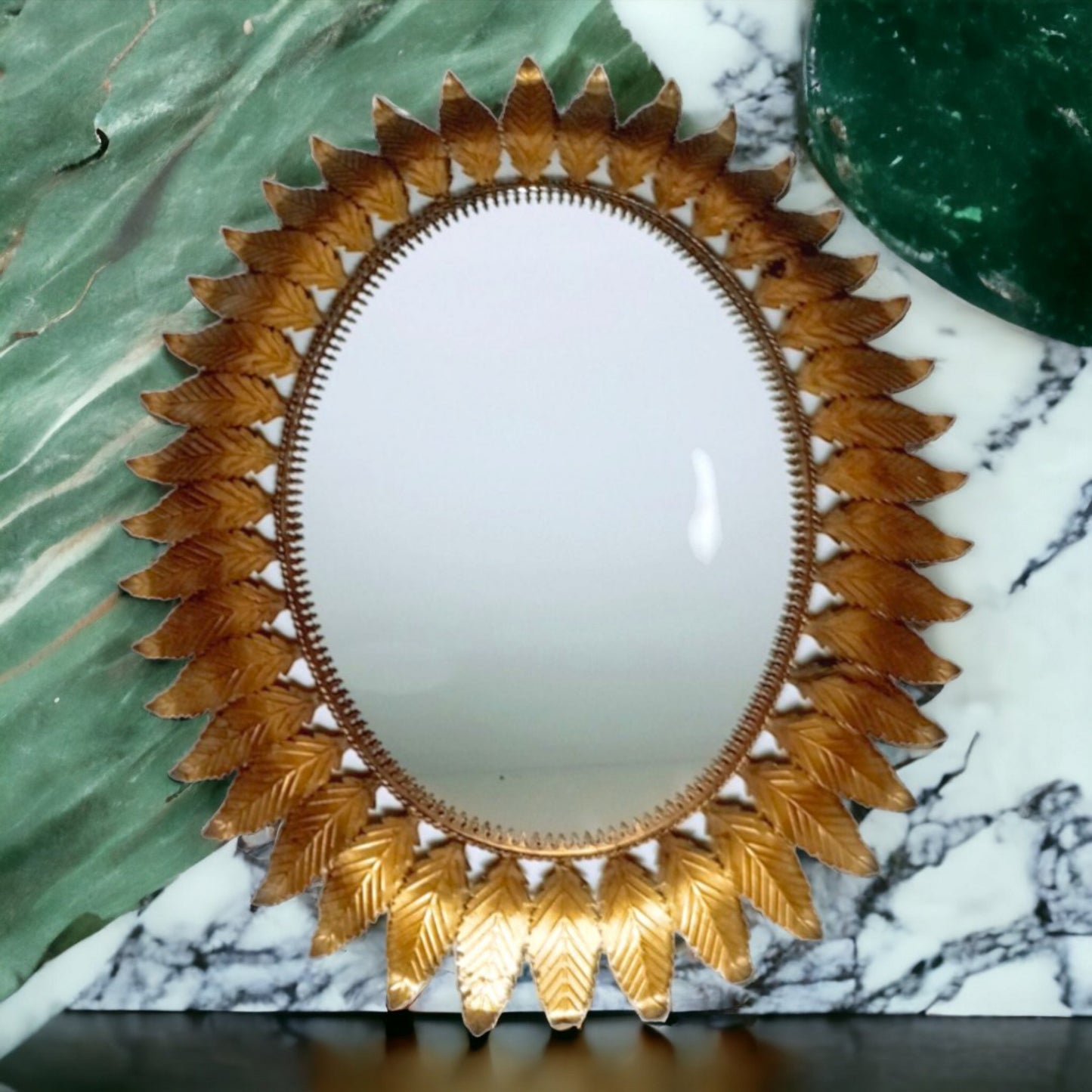 Oval Sunburst Leaf Mirror in Gold-Toned Metal, Spain, 1950s–60s